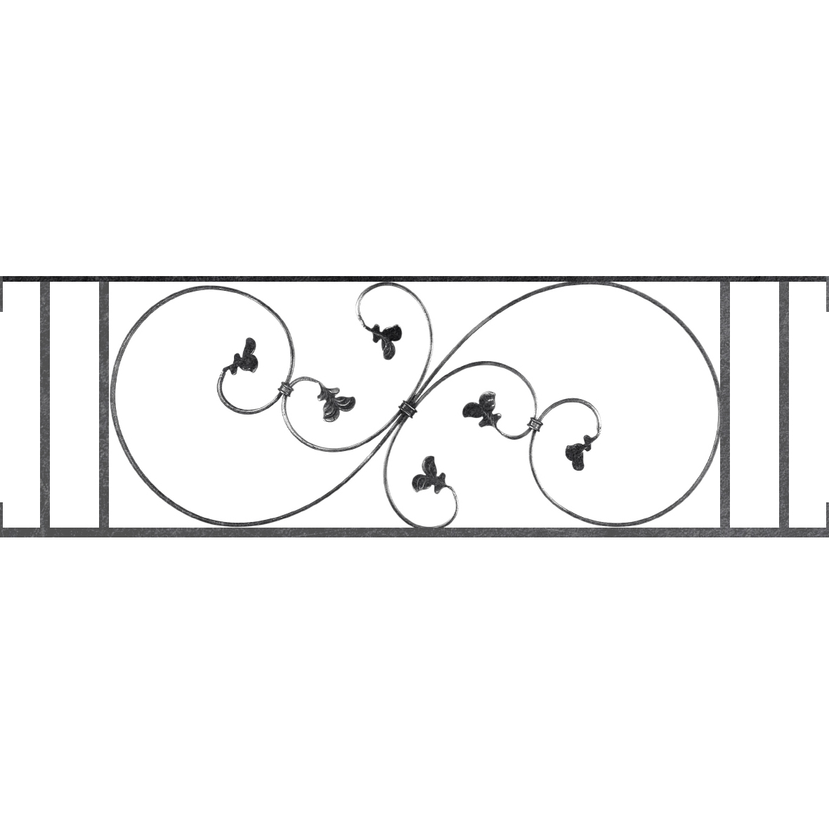 Appui de fenêtre type AF001 à visser dans votre tableau de fenêtre. Longueur finie de 1180mm et Hauteur finie de 372mm. Convient pour les tableaux de fenêtre de 1180mm. Main courante laminée de 1180mm de long en fer forgé sur le dessus. Motif au centre de 870mm de long par 350mm de haut. Le reste de la structure est en acier carré plein de 14mm de section.