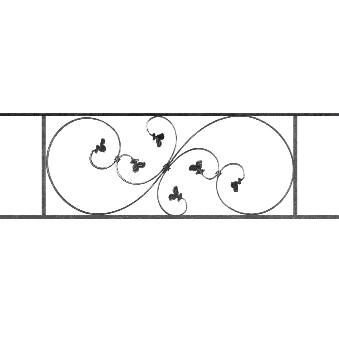 Appui de fenêtre type AF001 à sceller dans votre tableau de fenêtre. Longueur finie de 1190mm et Hauteur finie de 372mm. Convient pour les tableaux de fenêtre de 1090mm. 50mm de scellement sont prévue de chaque côté. Main courante laminée de 1090mm de long en fer forgé sur le dessus. Motif au centre de 870mm de long par 350mm de haut. Le reste de la structure est en acier carré plein de 14mm de section.