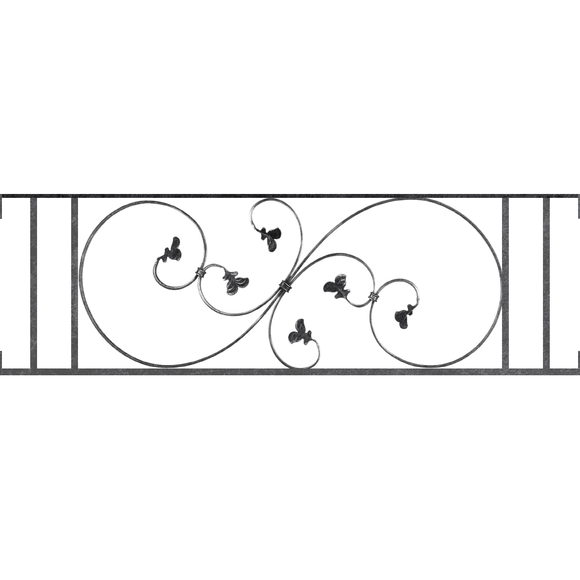 Appui de fenêtre type AF001 à visser dans votre tableau de fenêtre. Longueur finie de 1190mm et Hauteur finie de 372mm. Convient pour les tableaux de fenêtre de 1190mm. Main courante laminée de 1190mm de long en fer forgé sur le dessus. Motif au centre de 870mm de long par 350mm de haut. Le reste de la structure est en acier carré plein de 14mm de section.