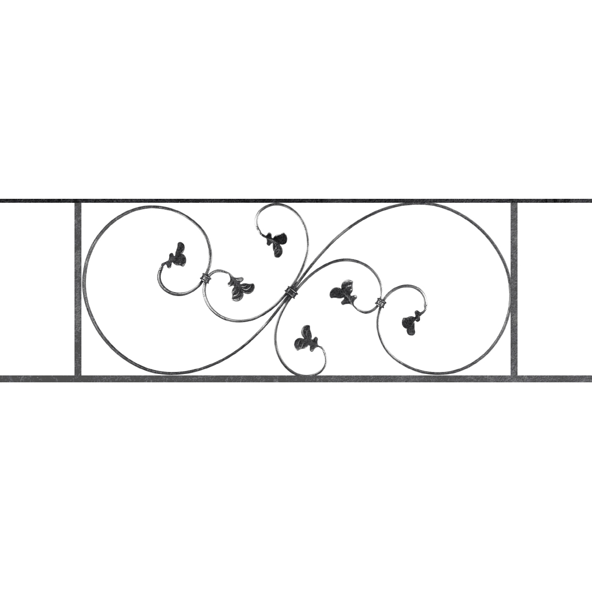 Appui de fenêtre type AF001 à sceller dans votre tableau de fenêtre. Longueur finie de 1200mm et Hauteur finie de 372mm. Convient pour les tableaux de fenêtre de 1100mm. 50mm de scellement sont prévue de chaque côté. Main courante laminée de 1100mm de long en fer forgé sur le dessus. Motif au centre de 870mm de long par 350mm de haut. Le reste de la structure est en acier carré plein de 14mm de section.