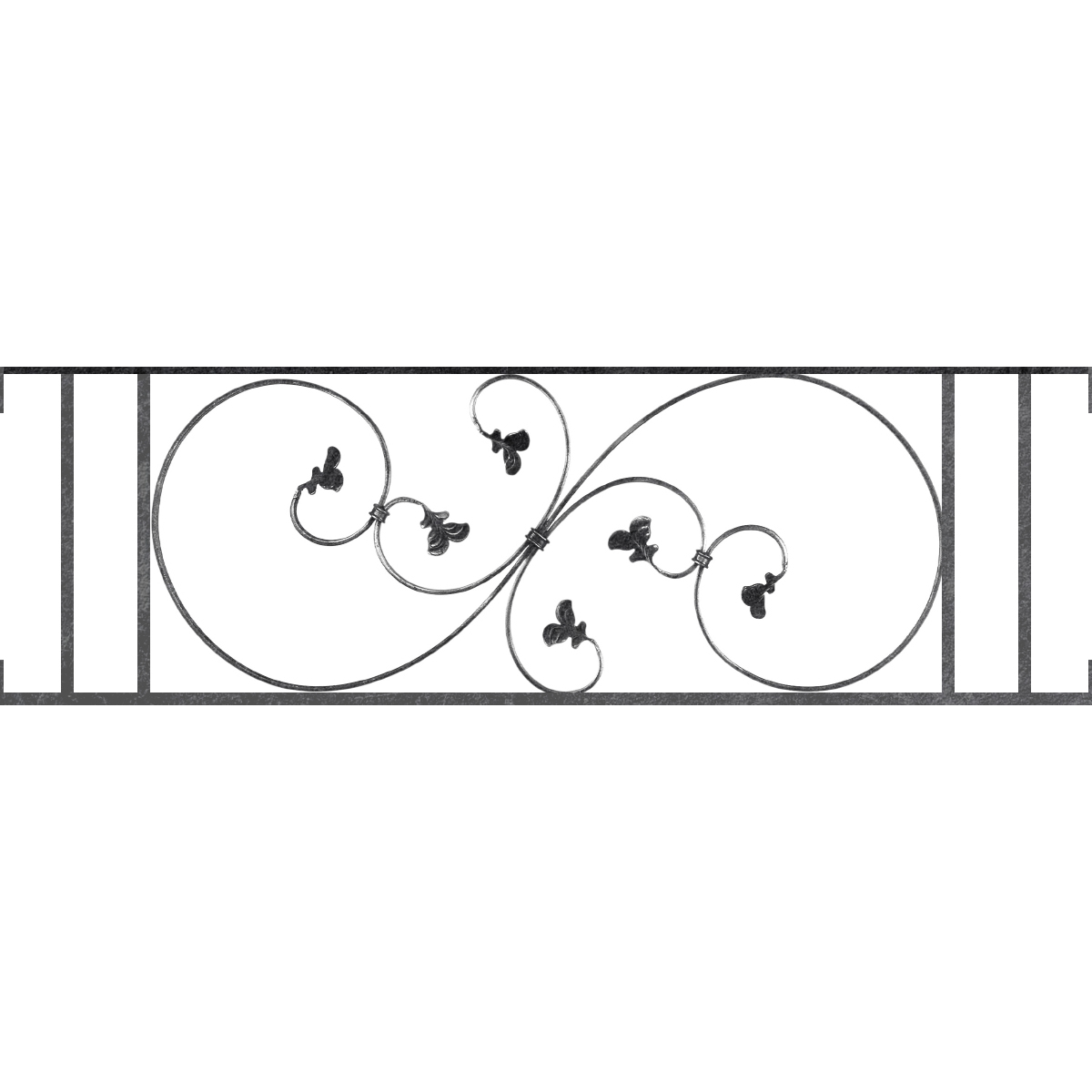 Appui de fenêtre type AF001 à visser dans votre tableau de fenêtre. Longueur finie de 1200mm et Hauteur finie de 372mm. Convient pour les tableaux de fenêtre de 1200mm. Main courante laminée de 1200mm de long en fer forgé sur le dessus. Motif au centre de 870mm de long par 350mm de haut. Le reste de la structure est en acier carré plein de 14mm de section.