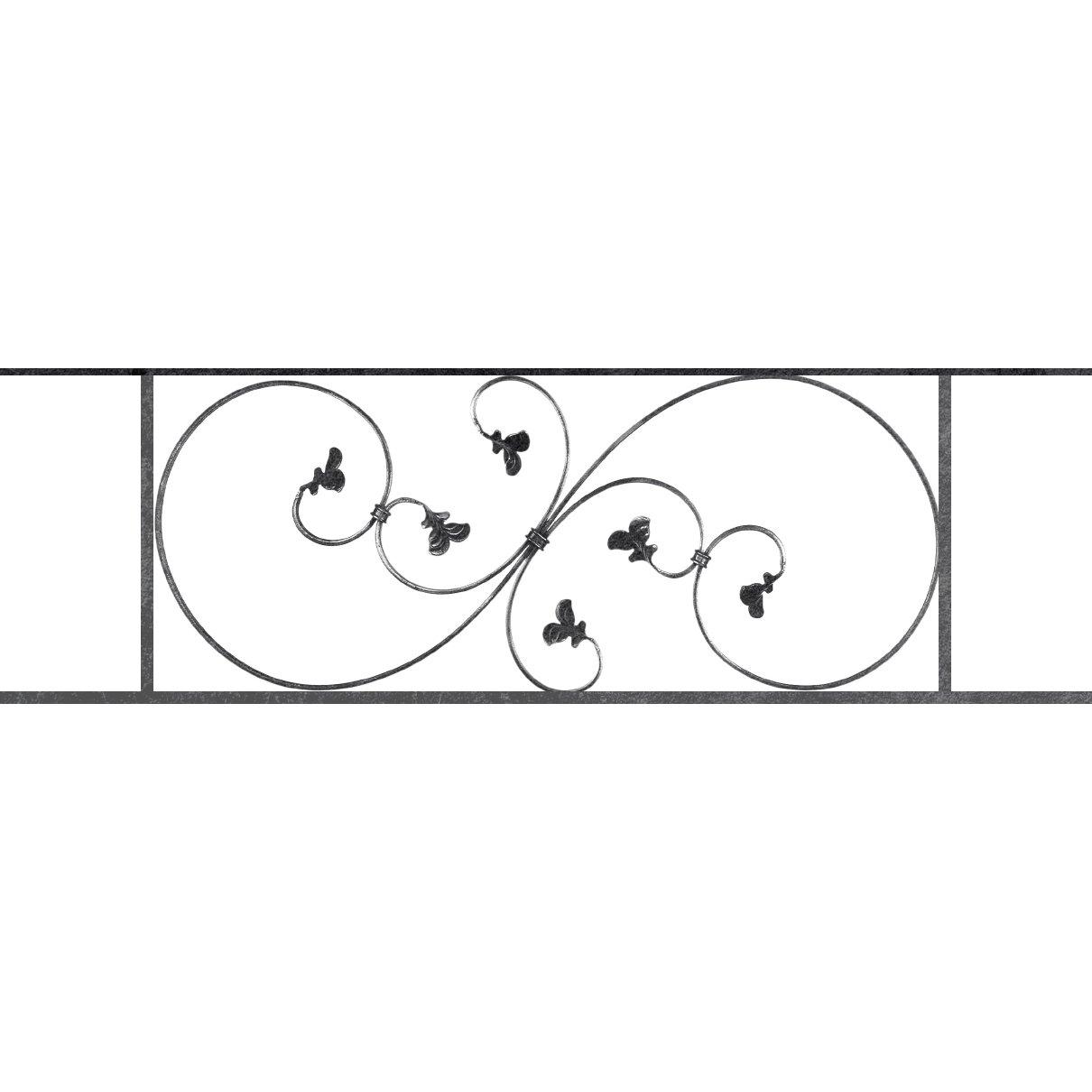 Appui de fenêtre type AF001 à sceller dans votre tableau de fenêtre. Longueur finie de 1210mm et Hauteur finie de 372mm. Convient pour les tableaux de fenêtre de 1110mm. 50mm de scellement sont prévue de chaque côté. Main courante laminée de 1110mm de long en fer forgé sur le dessus. Motif au centre de 870mm de long par 350mm de haut. Le reste de la structure est en acier carré plein de 14mm de section.