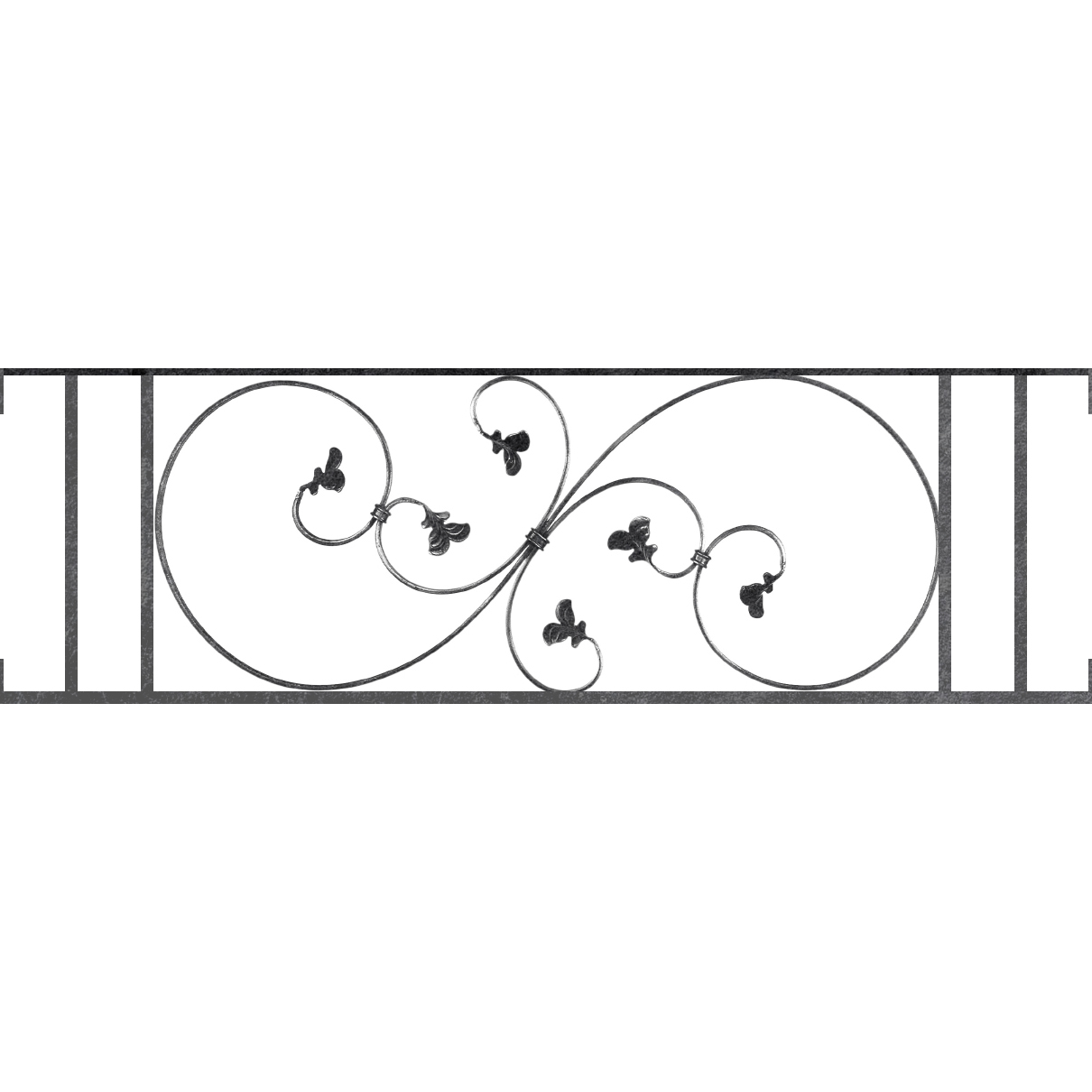 Appui de fenêtre type AF001 à visser dans votre tableau de fenêtre. Longueur finie de 1210mm et Hauteur finie de 372mm. Convient pour les tableaux de fenêtre de 1210mm. Main courante laminée de 1210mm de long en fer forgé sur le dessus. Motif au centre de 870mm de long par 350mm de haut. Le reste de la structure est en acier carré plein de 14mm de section.