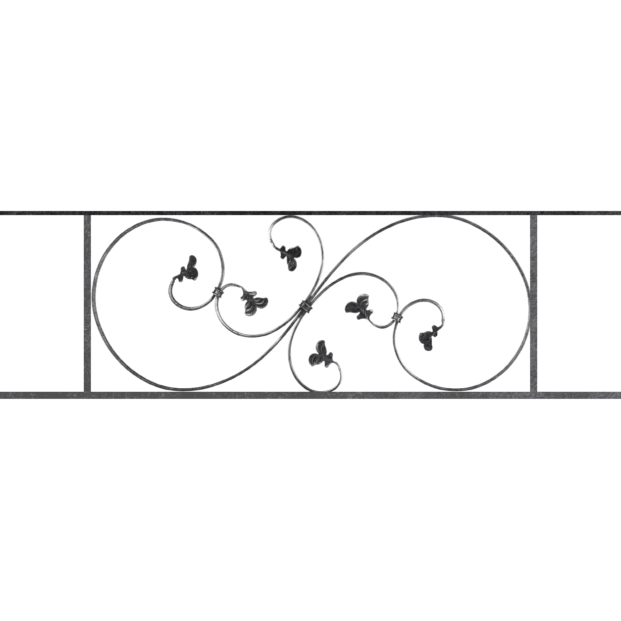 Appui de fenêtre type AF001 à sceller dans votre tableau de fenêtre. Longueur finie de 1230mm et Hauteur finie de 372mm. Convient pour les tableaux de fenêtre de 1130mm. 50mm de scellement sont prévue de chaque côté. Main courante laminée de 1130mm de long en fer forgé sur le dessus. Motif au centre de 870mm de long par 350mm de haut. Le reste de la structure est en acier carré plein de 14mm de section.