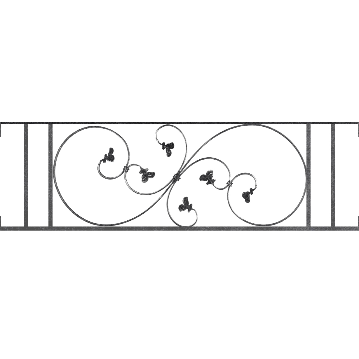 Appui de fenêtre type AF001 à visser dans votre tableau de fenêtre. Longueur finie de 1230mm et Hauteur finie de 372mm. Convient pour les tableaux de fenêtre de 1230mm. Main courante laminée de 1230mm de long en fer forgé sur le dessus. Motif au centre de 870mm de long par 350mm de haut. Le reste de la structure est en acier carré plein de 14mm de section.