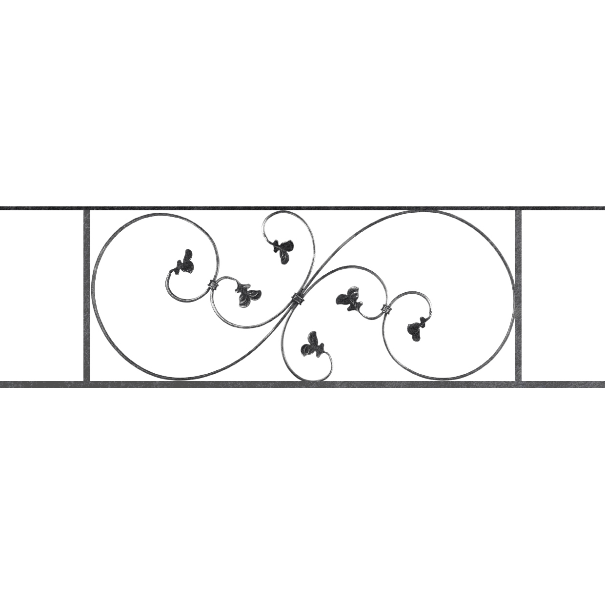 Appui de fenêtre type AF001 à sceller dans votre tableau de fenêtre. Longueur finie de 1240mm et Hauteur finie de 372mm. Convient pour les tableaux de fenêtre de 1140mm. 50mm de scellement sont prévue de chaque côté. Main courante laminée de 1140mm de long en fer forgé sur le dessus. Motif au centre de 870mm de long par 350mm de haut. Le reste de la structure est en acier carré plein de 14mm de section.