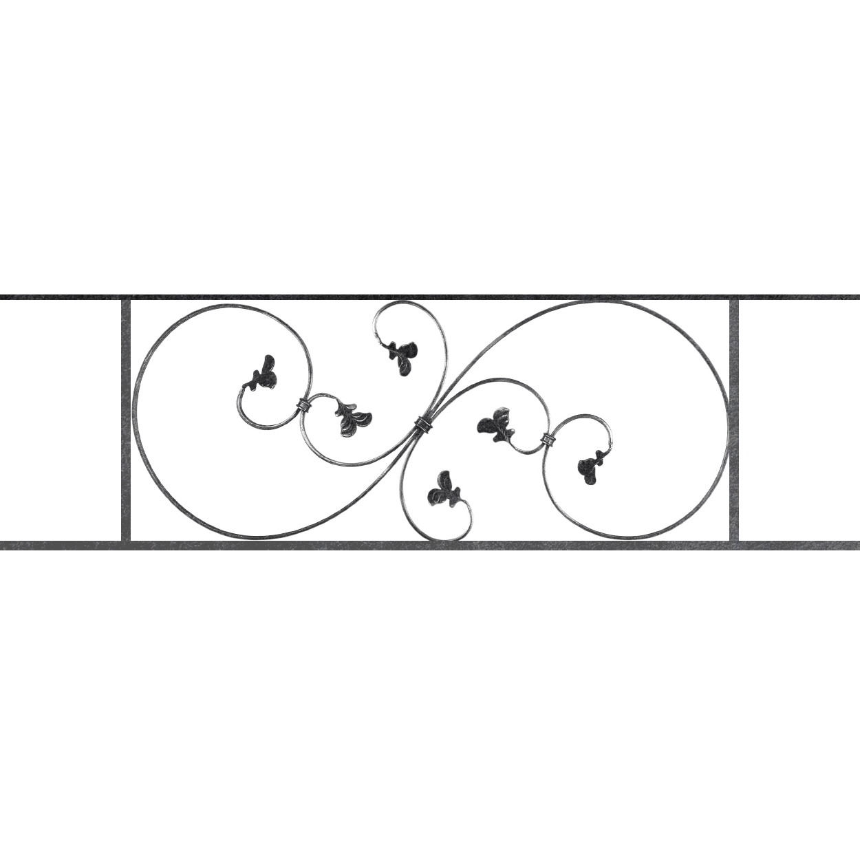 Appui de fenêtre type AF001 à sceller dans votre tableau de fenêtre. Longueur finie de 1250mm et Hauteur finie de 372mm. Convient pour les tableaux de fenêtre de 1150mm. 50mm de scellement sont prévue de chaque côté. Main courante laminée de 1150mm de long en fer forgé sur le dessus. Motif au centre de 870mm de long par 350mm de haut. Le reste de la structure est en acier carré plein de 14mm de section.