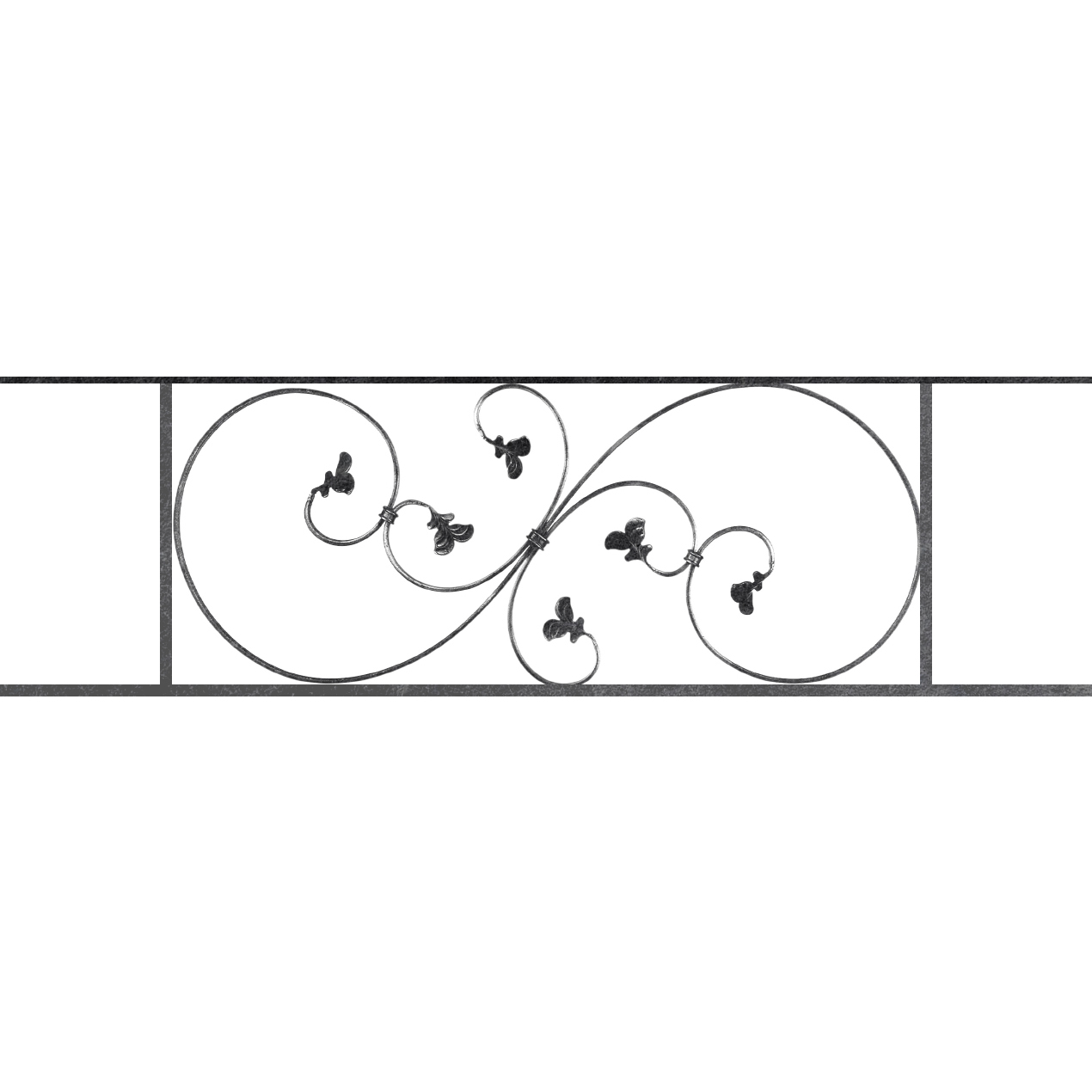 Appui de fenêtre type AF001 à sceller dans votre tableau de fenêtre. Longueur finie de 1270mm et Hauteur finie de 372mm. Convient pour les tableaux de fenêtre de 1170mm. 50mm de scellement sont prévue de chaque côté. Main courante laminée de 1170mm de long en fer forgé sur le dessus. Motif au centre de 870mm de long par 350mm de haut. Le reste de la structure est en acier carré plein de 14mm de section.