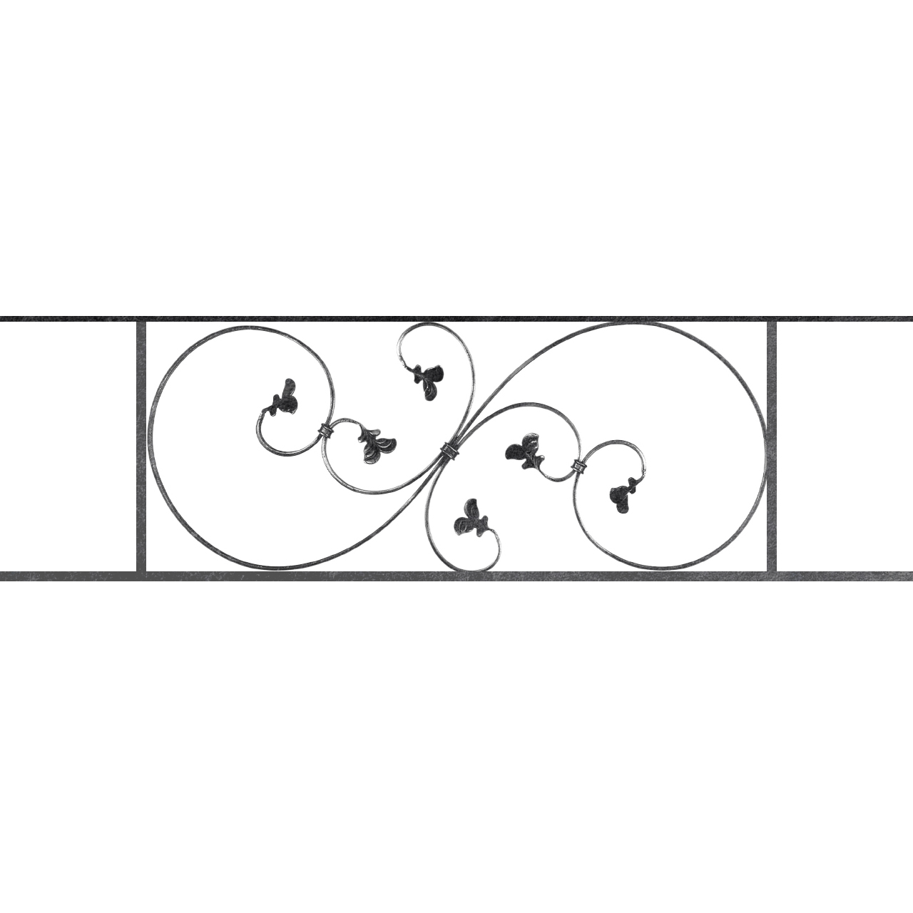 Appui de fenêtre type AF001 à sceller dans votre tableau de fenêtre. Longueur finie de 1280mm et Hauteur finie de 372mm. Convient pour les tableaux de fenêtre de 1180mm. 50mm de scellement sont prévue de chaque côté. Main courante laminée de 1180mm de long en fer forgé sur le dessus. Motif au centre de 870mm de long par 350mm de haut. Le reste de la structure est en acier carré plein de 14mm de section.