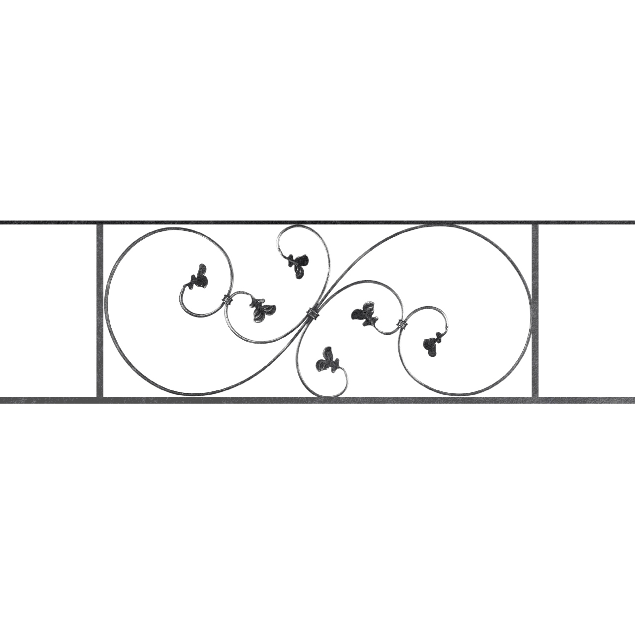 Appui de fenêtre type AF001 à sceller dans votre tableau de fenêtre. Longueur finie de 1290mm et Hauteur finie de 372mm. Convient pour les tableaux de fenêtre de 1190mm. 50mm de scellement sont prévue de chaque côté. Main courante laminée de 1190mm de long en fer forgé sur le dessus. Motif au centre de 870mm de long par 350mm de haut. Le reste de la structure est en acier carré plein de 14mm de section.