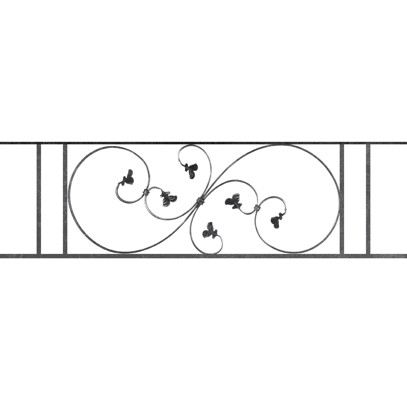 Appui de fenêtre type AF001 à sceller dans votre tableau de fenêtre. Longueur finie de 1300mm et Hauteur finie de 372mm. Convient pour les tableaux de fenêtre de 1200mm. 50mm de scellement sont prévue de chaque côté. Main courante laminée de 1200mm de long en fer forgé sur le dessus. Motif au centre de 870mm de long par 350mm de haut. Le reste de la structure est en acier carré plein de 14mm de section.