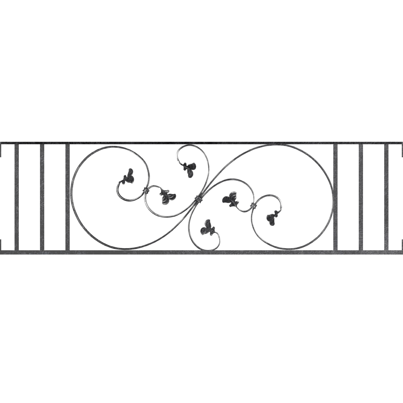 Appui de fenêtre type AF001 à visser dans votre tableau de fenêtre. Longueur finie de 1330mm et Hauteur finie de 372mm. Convient pour les tableaux de fenêtre de 1330mm. Main courante laminée de 1330mm de long en fer forgé sur le dessus. Motif au centre de 870mm de long par 350mm de haut. Le reste de la structure est en acier carré plein de 14mm de section.