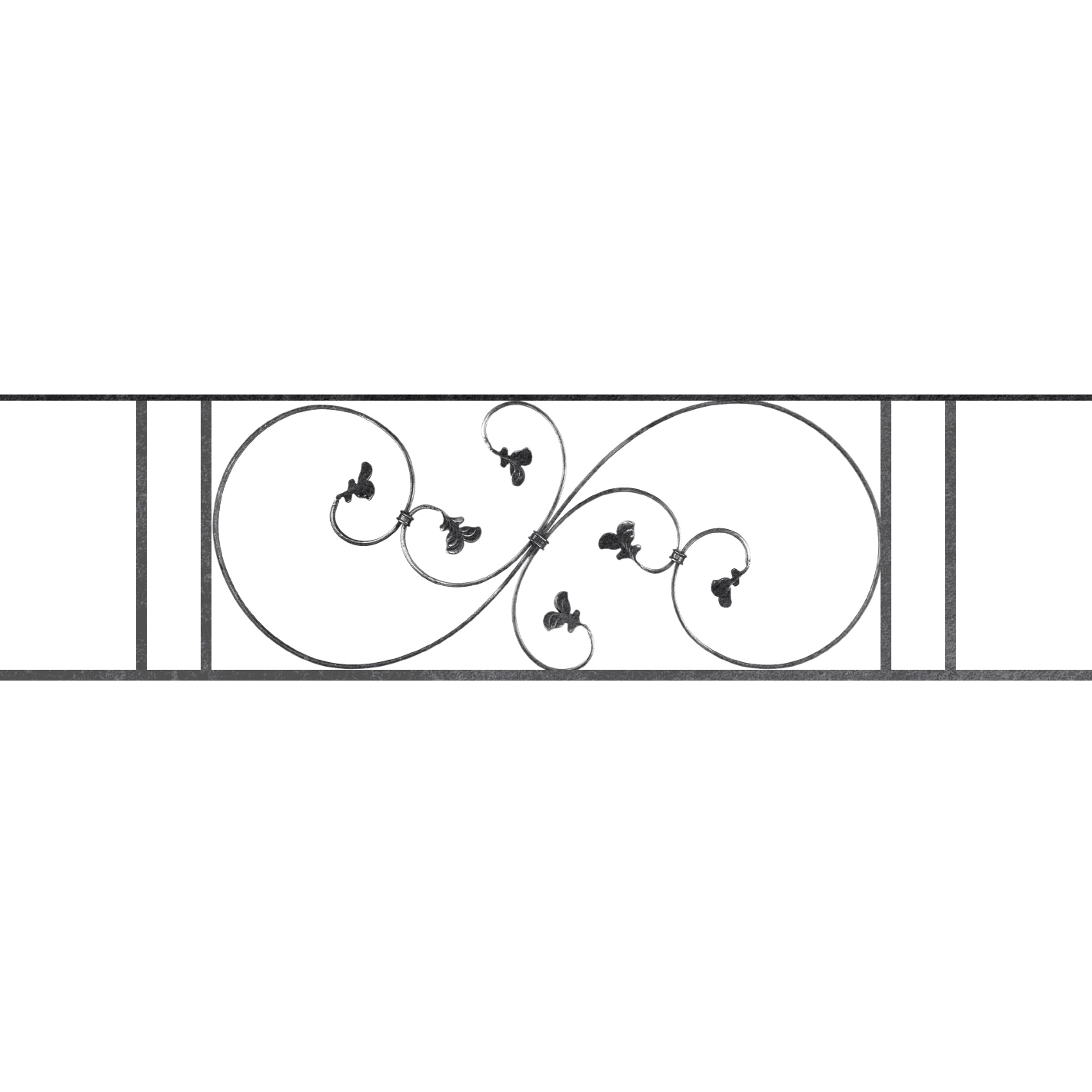 Appui de fenêtre type AF001 à sceller dans votre tableau de fenêtre. Longueur finie de 1420mm et Hauteur finie de 372mm. Convient pour les tableaux de fenêtre de 1320mm. 50mm de scellement sont prévue de chaque côté. Main courante laminée de 1320mm de long en fer forgé sur le dessus. Motif au centre de 870mm de long par 350mm de haut. Le reste de la structure est en acier carré plein de 14mm de section.