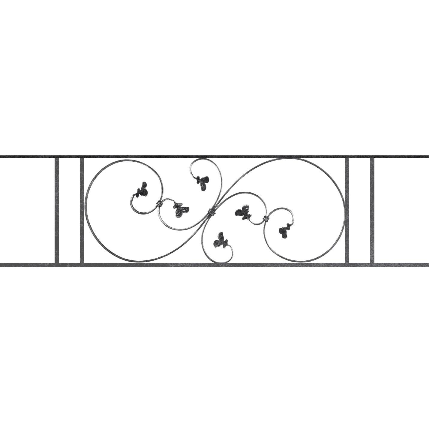 Appui de fenêtre type AF001 à sceller dans votre tableau de fenêtre. Longueur finie de 1430mm et Hauteur finie de 372mm. Convient pour les tableaux de fenêtre de 1330mm. 50mm de scellement sont prévue de chaque côté. Main courante laminée de 1330mm de long en fer forgé sur le dessus. Motif au centre de 870mm de long par 350mm de haut. Le reste de la structure est en acier carré plein de 14mm de section.