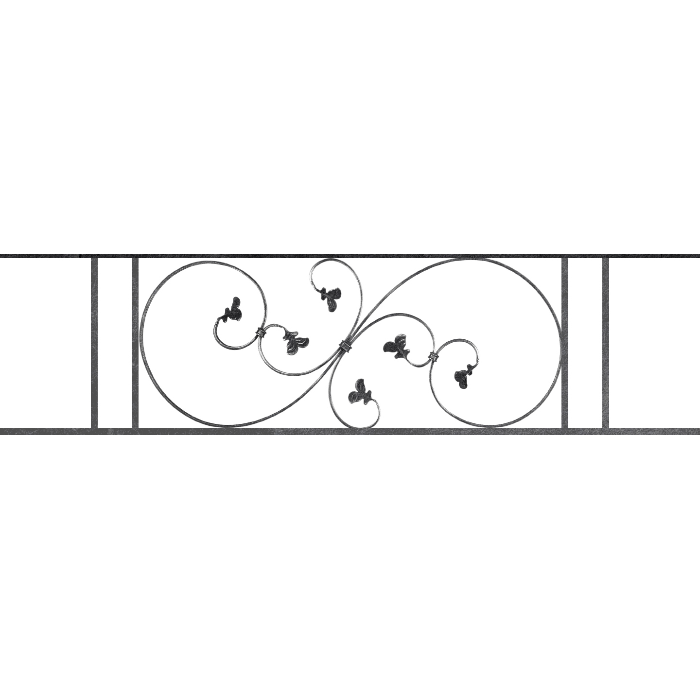 Appui de fenêtre type AF001 à sceller dans votre tableau de fenêtre. Longueur finie de 1440mm et Hauteur finie de 372mm. Convient pour les tableaux de fenêtre de 1340mm. 50mm de scellement sont prévue de chaque côté. Main courante laminée de 1340mm de long en fer forgé sur le dessus. Motif au centre de 870mm de long par 350mm de haut. Le reste de la structure est en acier carré plein de 14mm de section.
