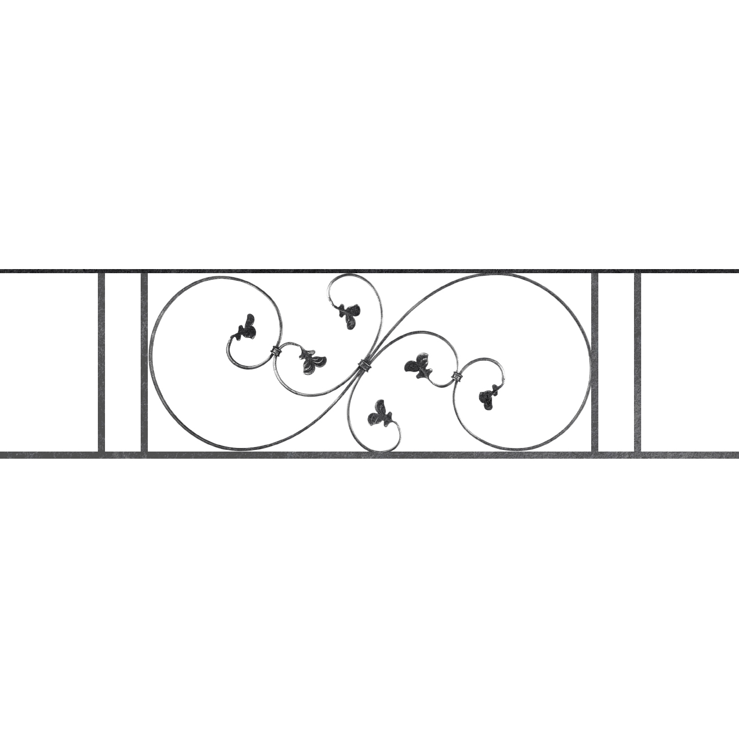 Appui de fenêtre type AF001 à sceller dans votre tableau de fenêtre. Longueur finie de 1450mm et Hauteur finie de 372mm. Convient pour les tableaux de fenêtre de 1350mm. 50mm de scellement sont prévue de chaque côté. Main courante laminée de 1350mm de long en fer forgé sur le dessus. Motif au centre de 870mm de long par 350mm de haut. Le reste de la structure est en acier carré plein de 14mm de section.
