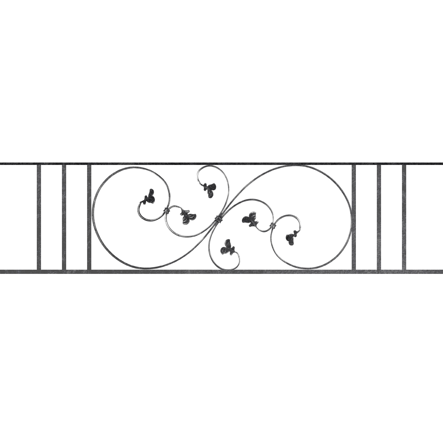 Appui de fenêtre type AF001 à sceller dans votre tableau de fenêtre. Longueur finie de 1480mm et Hauteur finie de 372mm. Convient pour les tableaux de fenêtre de 1380mm. 50mm de scellement sont prévue de chaque côté. Main courante laminée de 1380mm de long en fer forgé sur le dessus. Motif au centre de 870mm de long par 350mm de haut. Le reste de la structure est en acier carré plein de 14mm de section.