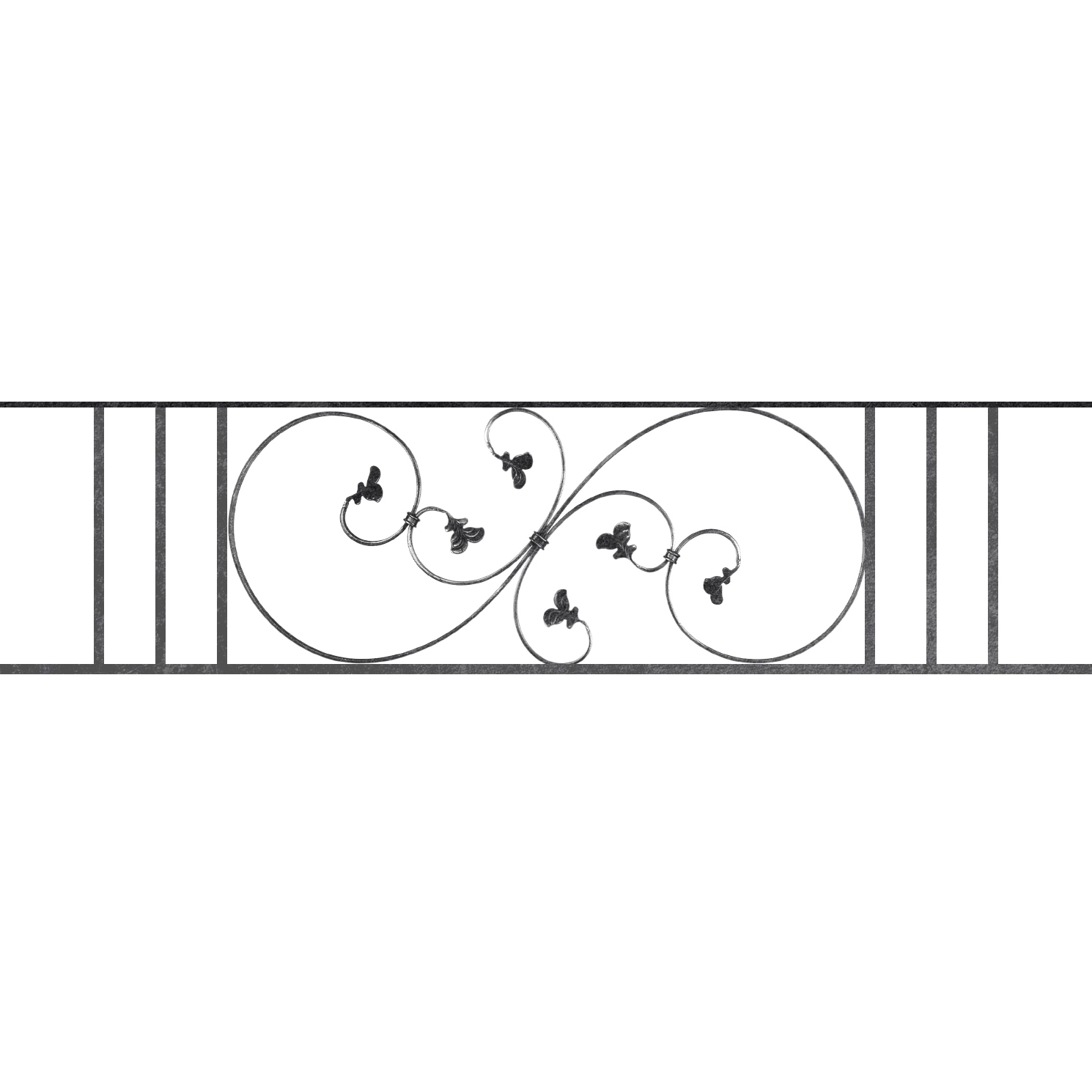 Appui de fenêtre type AF001 à sceller dans votre tableau de fenêtre. Longueur finie de 1490mm et Hauteur finie de 372mm. Convient pour les tableaux de fenêtre de 1390mm. 50mm de scellement sont prévue de chaque côté. Main courante laminée de 1390mm de long en fer forgé sur le dessus. Motif au centre de 870mm de long par 350mm de haut. Le reste de la structure est en acier carré plein de 14mm de section.