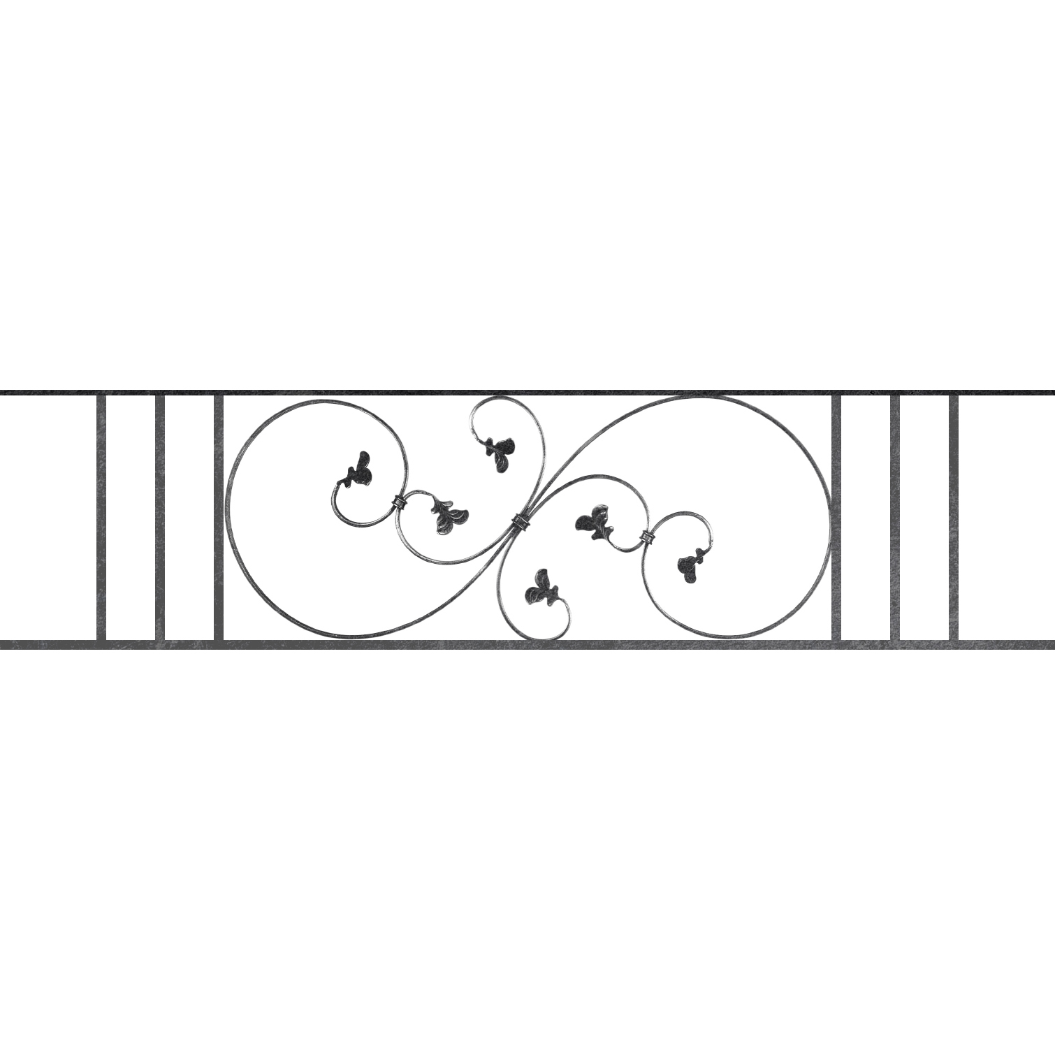 Appui de fenêtre type AF001 à sceller dans votre tableau de fenêtre. Longueur finie de 1510mm et Hauteur finie de 372mm. Convient pour les tableaux de fenêtre de 1410mm. 50mm de scellement sont prévue de chaque côté. Main courante laminée de 1410mm de long en fer forgé sur le dessus. Motif au centre de 870mm de long par 350mm de haut. Le reste de la structure est en acier carré plein de 14mm de section.