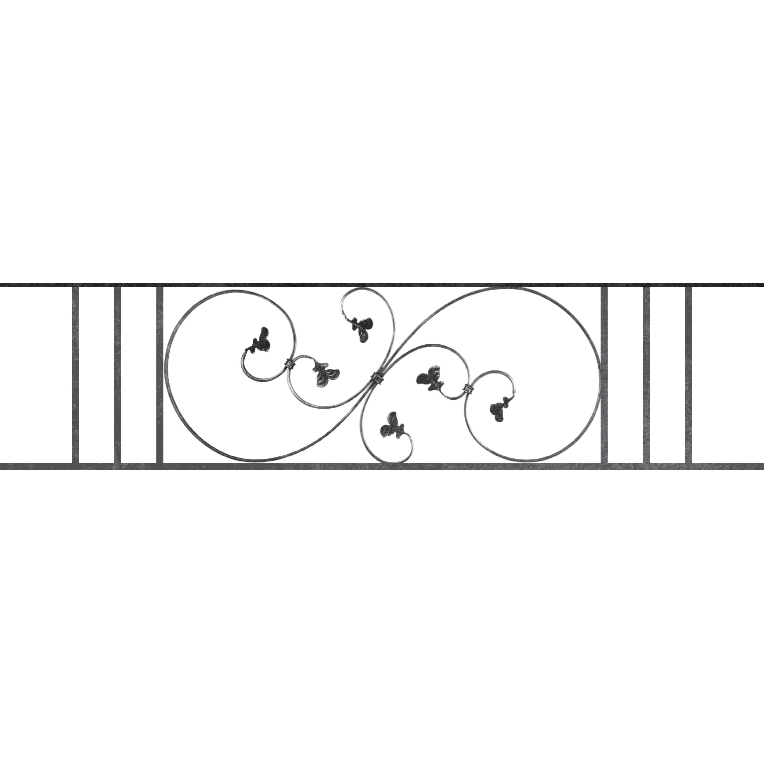 Appui de fenêtre type AF001 à sceller dans votre tableau de fenêtre. Longueur finie de 1520mm et Hauteur finie de 372mm. Convient pour les tableaux de fenêtre de 1420mm. 50mm de scellement sont prévue de chaque côté. Main courante laminée de 1420mm de long en fer forgé sur le dessus. Motif au centre de 870mm de long par 350mm de haut. Le reste de la structure est en acier carré plein de 14mm de section.