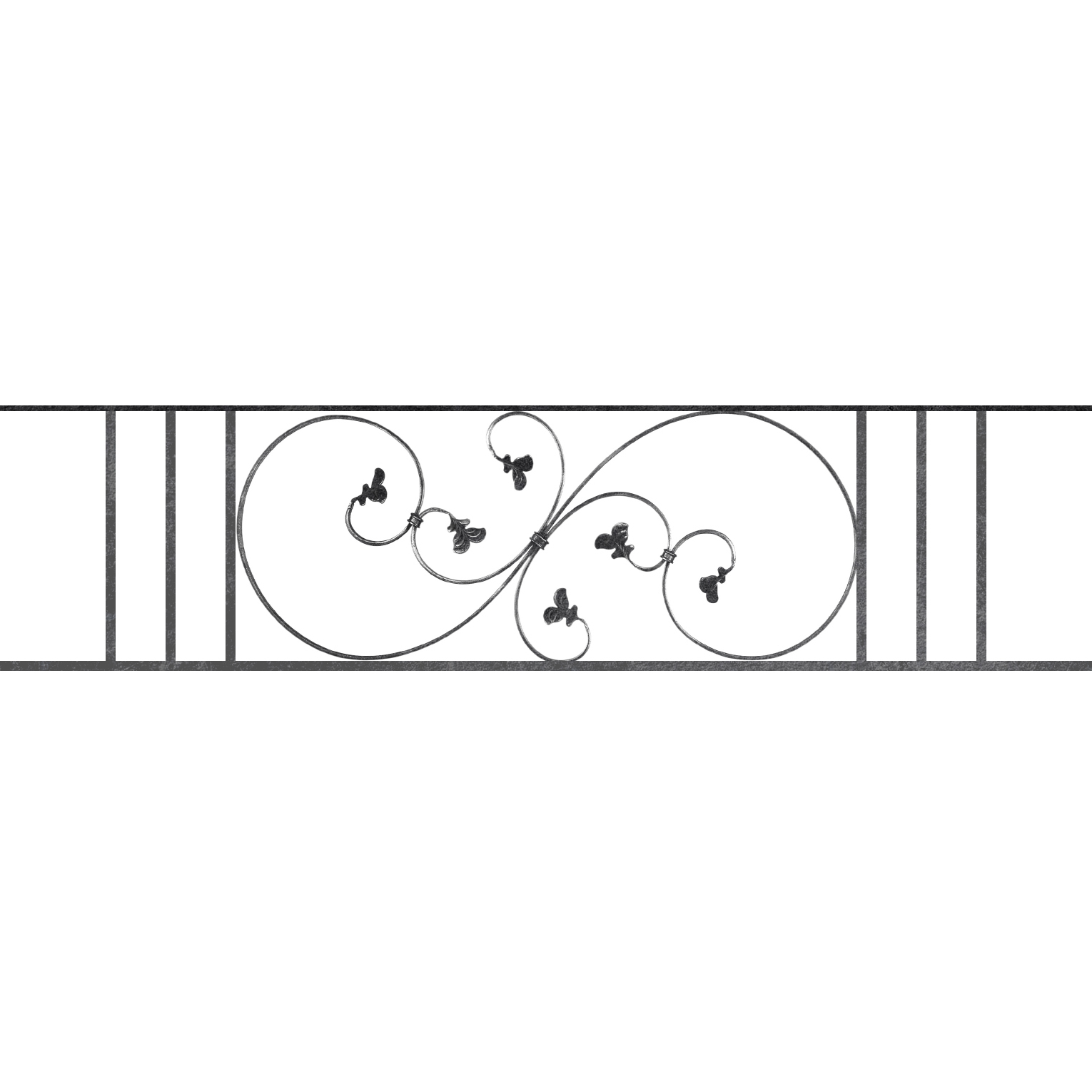 Appui de fenêtre type AF001 à sceller dans votre tableau de fenêtre. Longueur finie de 1530mm et Hauteur finie de 372mm. Convient pour les tableaux de fenêtre de 1430mm. 50mm de scellement sont prévue de chaque côté. Main courante laminée de 1430mm de long en fer forgé sur le dessus. Motif au centre de 870mm de long par 350mm de haut. Le reste de la structure est en acier carré plein de 14mm de section.
