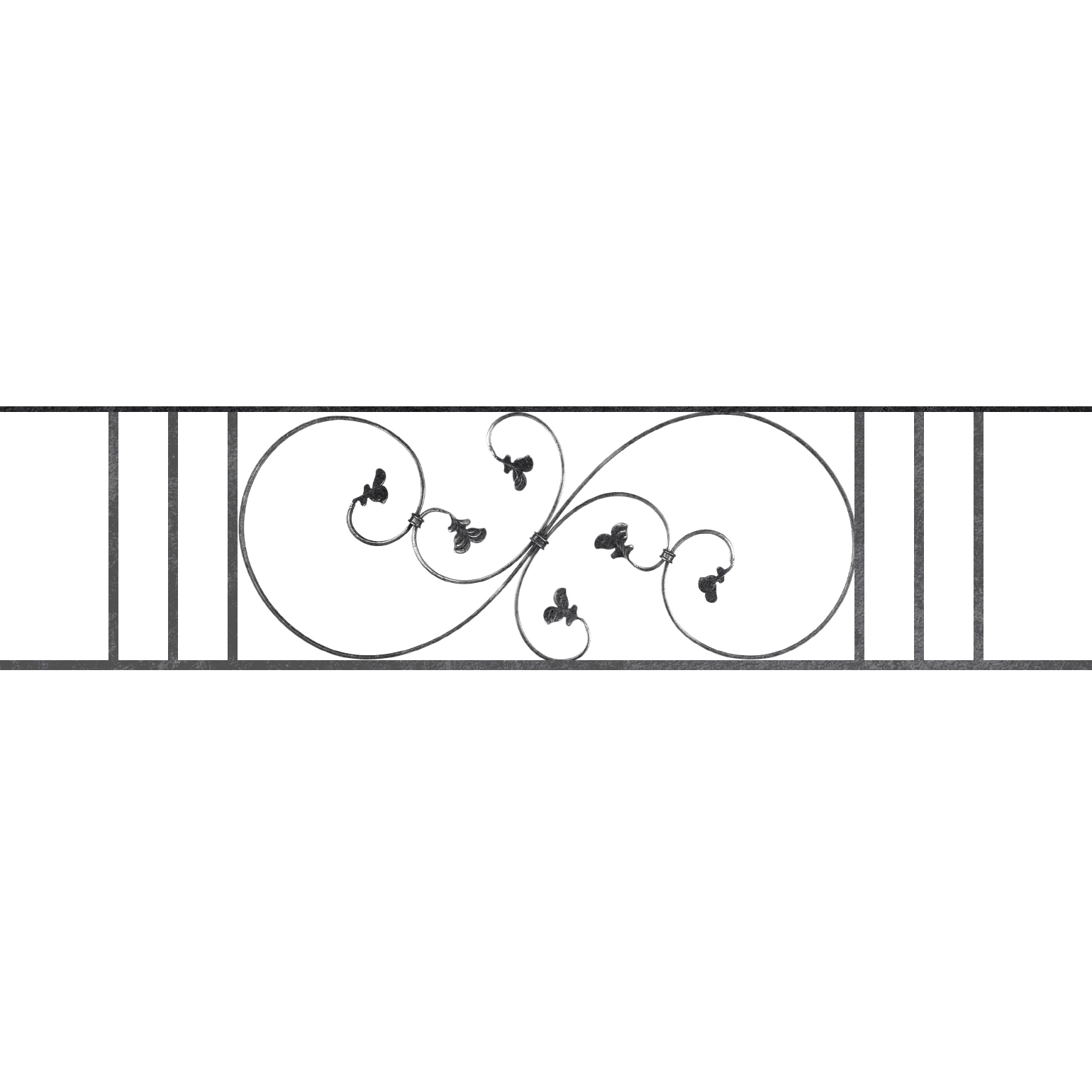 Appui de fenêtre type AF001 à sceller dans votre tableau de fenêtre. Longueur finie de 1540mm et Hauteur finie de 372mm. Convient pour les tableaux de fenêtre de 1440mm. 50mm de scellement sont prévue de chaque côté. Main courante laminée de 1440mm de long en fer forgé sur le dessus. Motif au centre de 870mm de long par 350mm de haut. Le reste de la structure est en acier carré plein de 14mm de section.