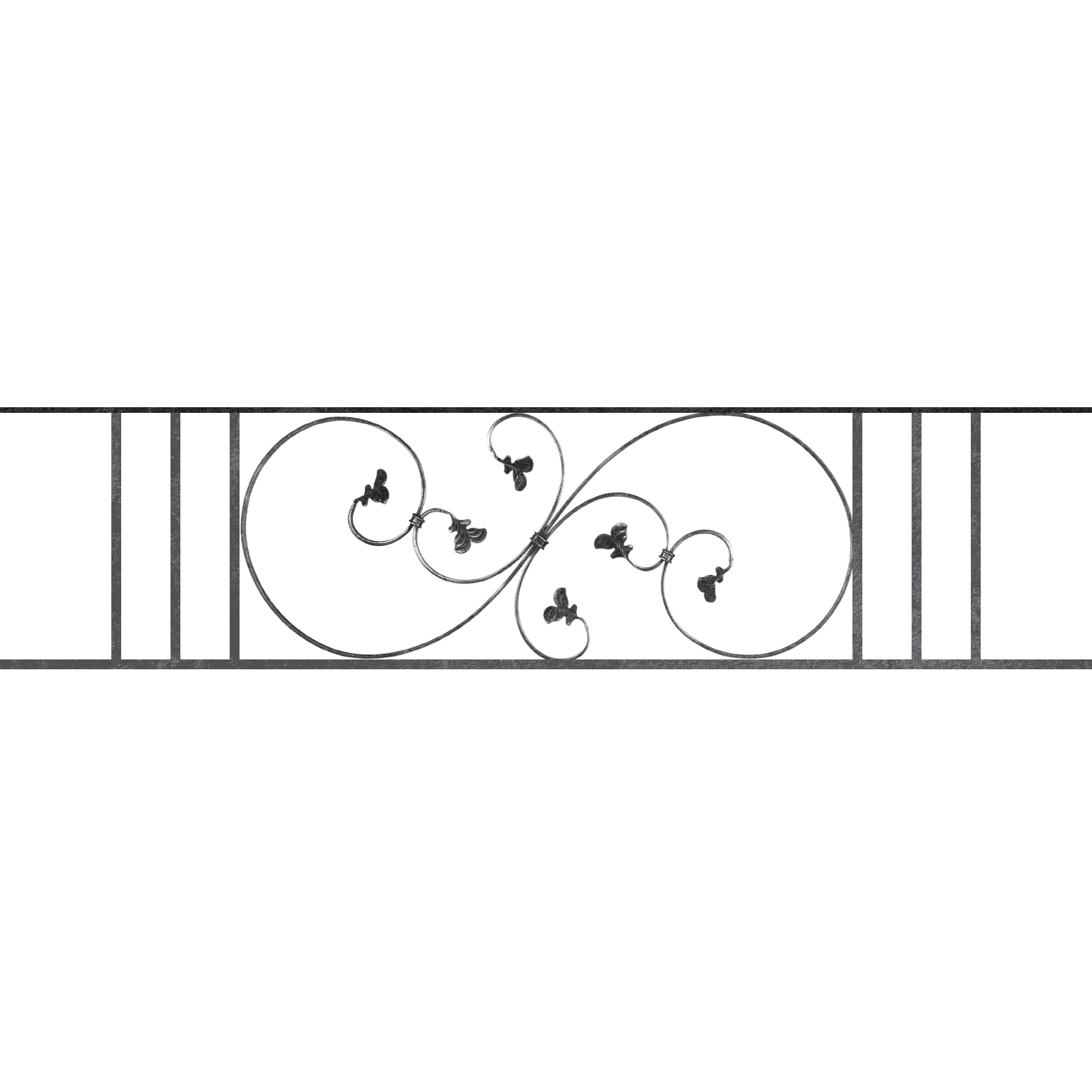 Appui de fenêtre type AF001 à sceller dans votre tableau de fenêtre. Longueur finie de 1550mm et Hauteur finie de 372mm. Convient pour les tableaux de fenêtre de 1450mm. 50mm de scellement sont prévue de chaque côté. Main courante laminée de 1450mm de long en fer forgé sur le dessus. Motif au centre de 870mm de long par 350mm de haut. Le reste de la structure est en acier carré plein de 14mm de section.