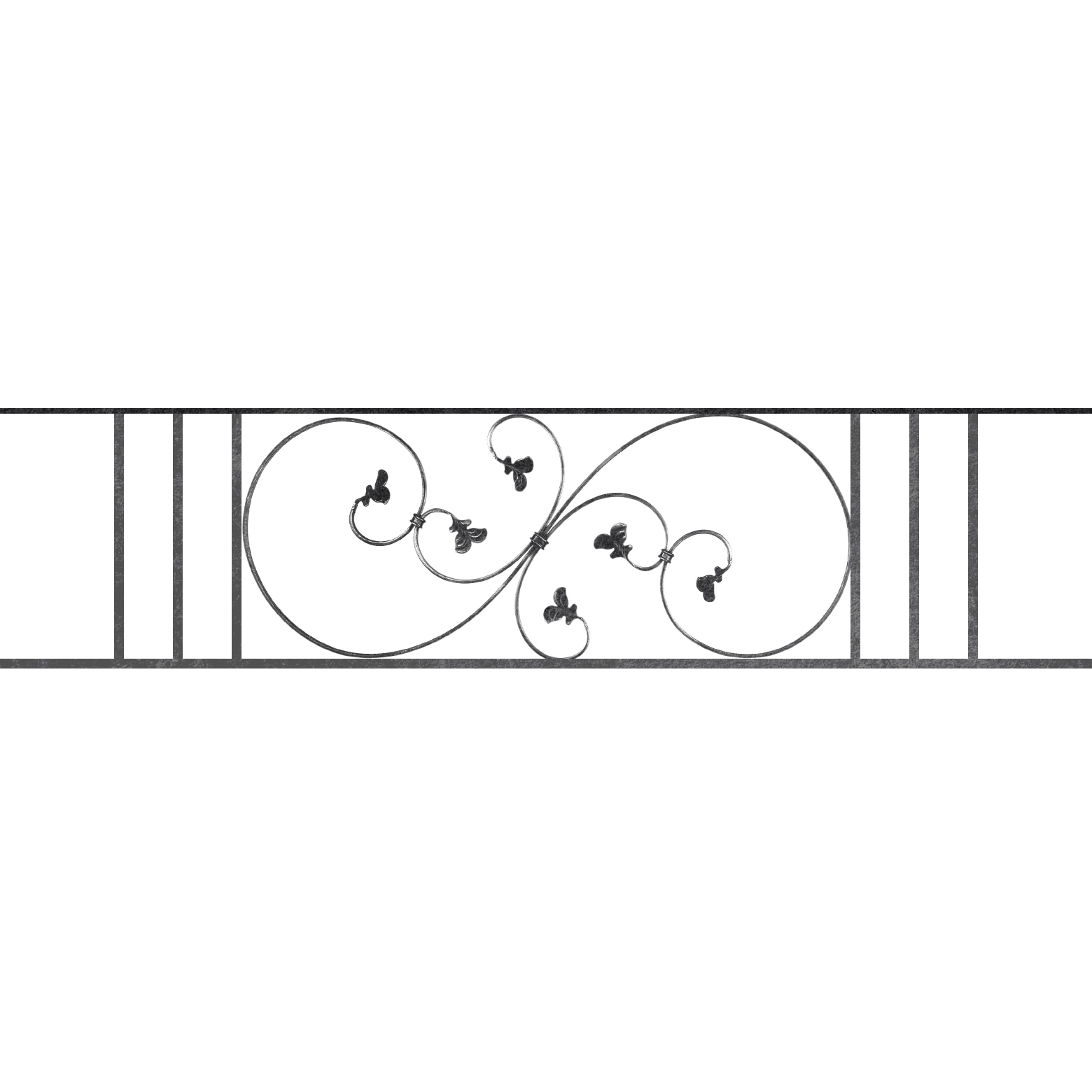 Appui de fenêtre type AF001 à sceller dans votre tableau de fenêtre. Longueur finie de 1560mm et Hauteur finie de 372mm. Convient pour les tableaux de fenêtre de 1460mm. 50mm de scellement sont prévue de chaque côté. Main courante laminée de 1460mm de long en fer forgé sur le dessus. Motif au centre de 870mm de long par 350mm de haut. Le reste de la structure est en acier carré plein de 14mm de section.