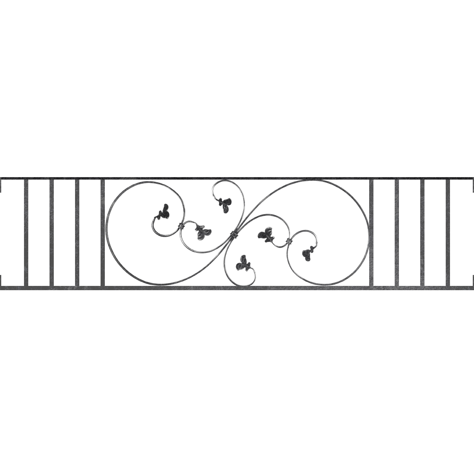 Appui de fenêtre type AF001 à visser dans votre tableau de fenêtre. Longueur finie de 1560mm et Hauteur finie de 372mm. Convient pour les tableaux de fenêtre de 1560mm. Main courante laminée de 1560mm de long en fer forgé sur le dessus. Motif au centre de 870mm de long par 350mm de haut. Le reste de la structure est en acier carré plein de 14mm de section.