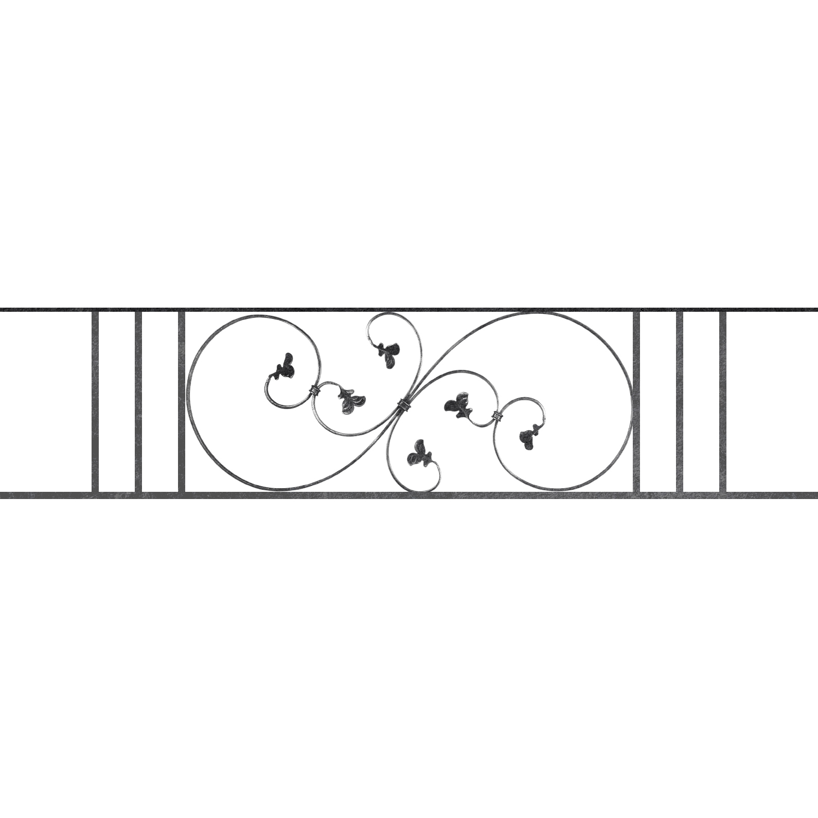 Appui de fenêtre type AF001 à sceller dans votre tableau de fenêtre. Longueur finie de 1590mm et Hauteur finie de 372mm. Convient pour les tableaux de fenêtre de 1490mm. 50mm de scellement sont prévue de chaque côté. Main courante laminée de 1490mm de long en fer forgé sur le dessus. Motif au centre de 870mm de long par 350mm de haut. Le reste de la structure est en acier carré plein de 14mm de section.