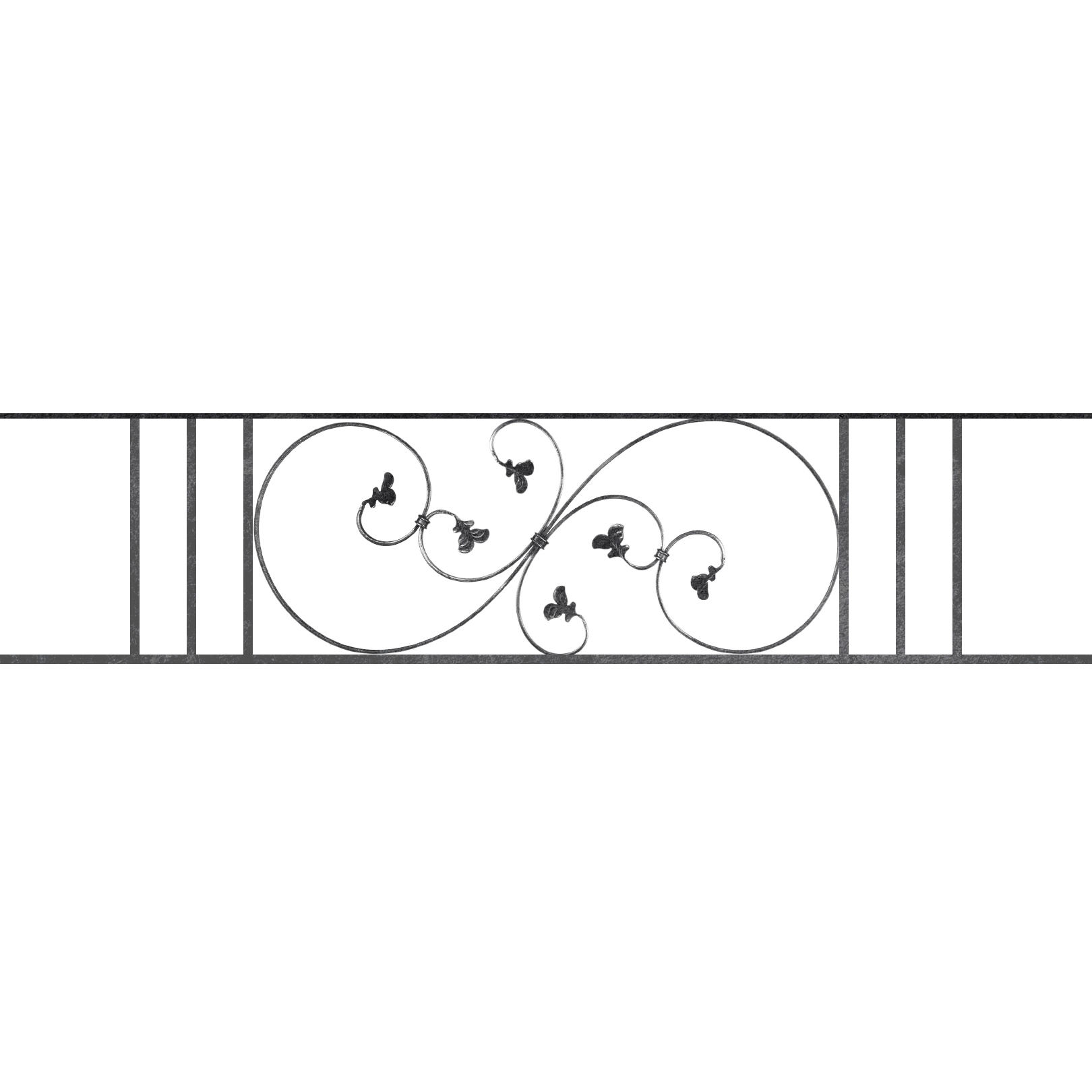 Appui de fenêtre type AF001 à sceller dans votre tableau de fenêtre. Longueur finie de 1620mm et Hauteur finie de 372mm. Convient pour les tableaux de fenêtre de 1520mm. 50mm de scellement sont prévue de chaque côté. Main courante laminée de 1520mm de long en fer forgé sur le dessus. Motif au centre de 870mm de long par 350mm de haut. Le reste de la structure est en acier carré plein de 14mm de section.