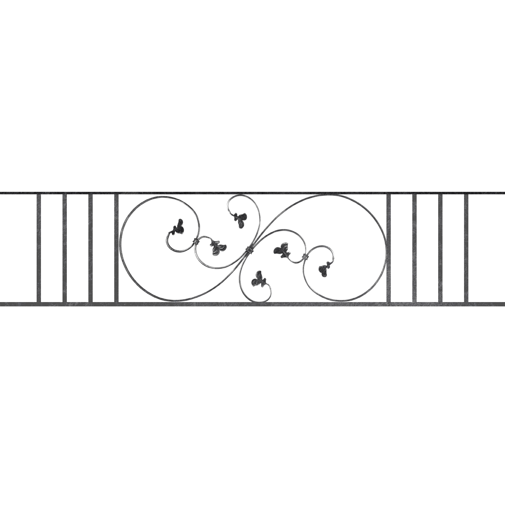 Appui de fenêtre type AF001 à sceller dans votre tableau de fenêtre. Longueur finie de 1640mm et Hauteur finie de 372mm. Convient pour les tableaux de fenêtre de 1540mm. 50mm de scellement sont prévue de chaque côté. Main courante laminée de 1540mm de long en fer forgé sur le dessus. Motif au centre de 870mm de long par 350mm de haut. Le reste de la structure est en acier carré plein de 14mm de section.