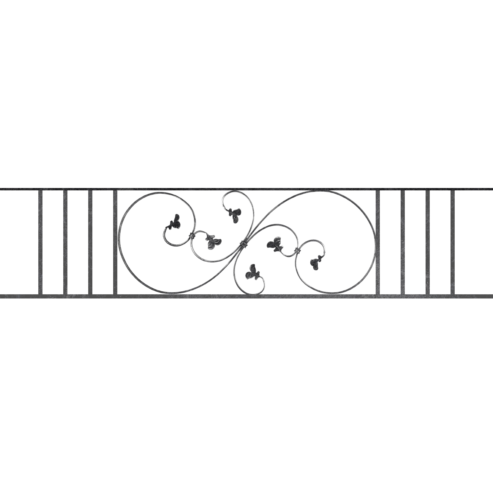 Appui de fenêtre type AF001 à sceller dans votre tableau de fenêtre. Longueur finie de 1660mm et Hauteur finie de 372mm. Convient pour les tableaux de fenêtre de 1560mm. 50mm de scellement sont prévue de chaque côté. Main courante laminée de 1560mm de long en fer forgé sur le dessus. Motif au centre de 870mm de long par 350mm de haut. Le reste de la structure est en acier carré plein de 14mm de section.