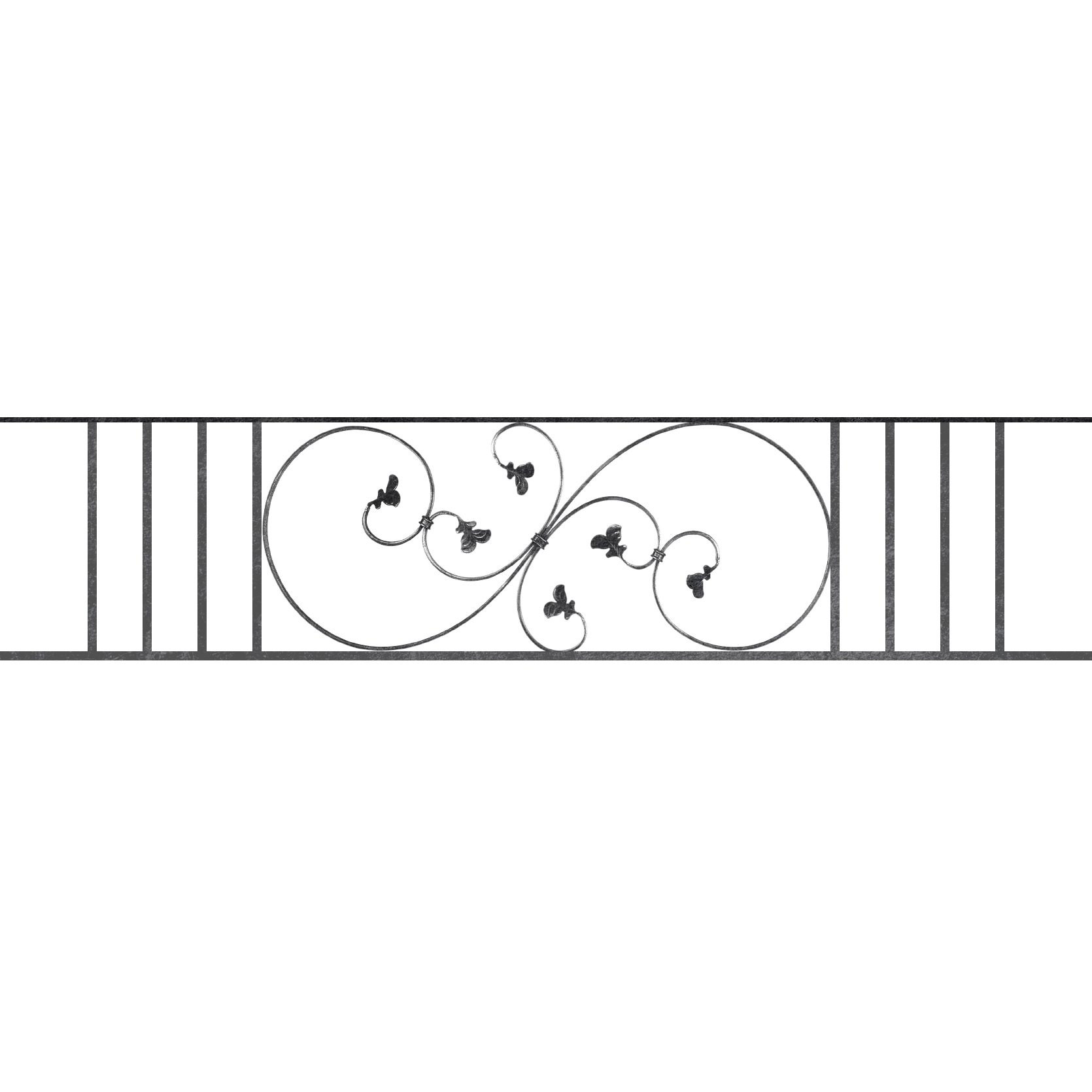 Appui de fenêtre type AF001 à sceller dans votre tableau de fenêtre. Longueur finie de 1670mm et Hauteur finie de 372mm. Convient pour les tableaux de fenêtre de 1570mm. 50mm de scellement sont prévue de chaque côté. Main courante laminée de 1570mm de long en fer forgé sur le dessus. Motif au centre de 870mm de long par 350mm de haut. Le reste de la structure est en acier carré plein de 14mm de section.