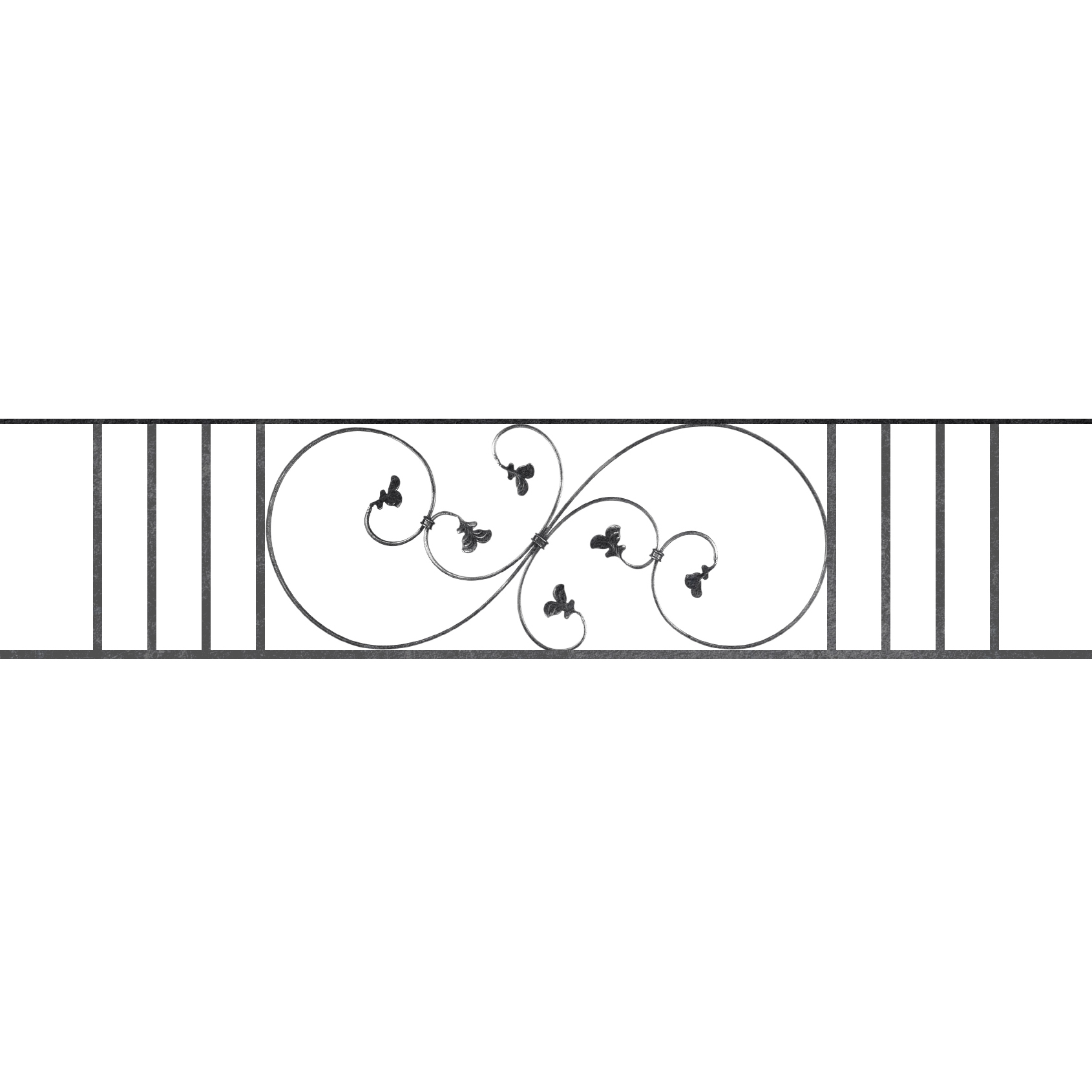 Appui de fenêtre type AF001 à sceller dans votre tableau de fenêtre. Longueur finie de 1690mm et Hauteur finie de 372mm. Convient pour les tableaux de fenêtre de 1590mm. 50mm de scellement sont prévue de chaque côté. Main courante laminée de 1590mm de long en fer forgé sur le dessus. Motif au centre de 870mm de long par 350mm de haut. Le reste de la structure est en acier carré plein de 14mm de section.