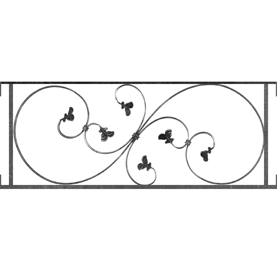 Appui de fenêtre type AF001 à visser dans votre tableau de fenêtre. Longueur finie de 960mm et Hauteur finie de 372mm. Convient pour les tableaux de fenêtre de 960mm. Main courante laminée de 960mm de long en fer forgé sur le dessus. Motif au centre de 870mm de long par 350mm de haut. Le reste de la structure est en acier carré plein de 14mm de section.