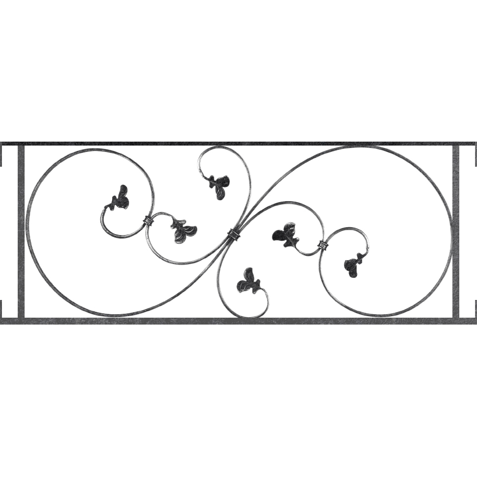 Appui de fenêtre type AF001 à visser dans votre tableau de fenêtre. Longueur finie de 970mm et Hauteur finie de 372mm. Convient pour les tableaux de fenêtre de 970mm. Main courante laminée de 970mm de long en fer forgé sur le dessus. Motif au centre de 870mm de long par 350mm de haut. Le reste de la structure est en acier carré plein de 14mm de section.