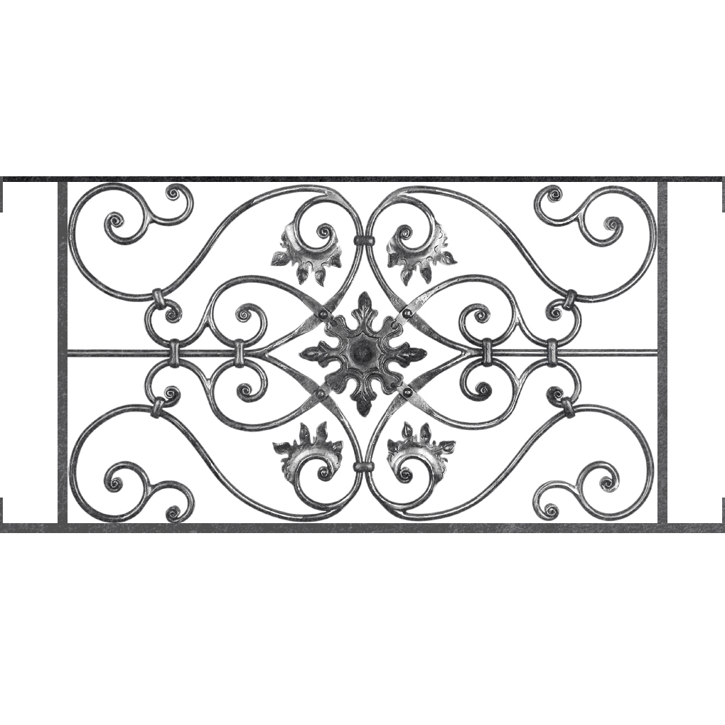 Appui de fenêtre type AF002 à visser dans votre tableau de fenêtre. Longueur finie de 1020mm et Hauteur finie de 502mm. Convient pour les tableaux de fenêtre de 1020mm. Main courante laminée de 1020mm de long en fer forgé sur le dessus. Motif au centre de 830mm de long par 480mm de haut. Le reste de la structure est en acier carré plein de 14mm de section.