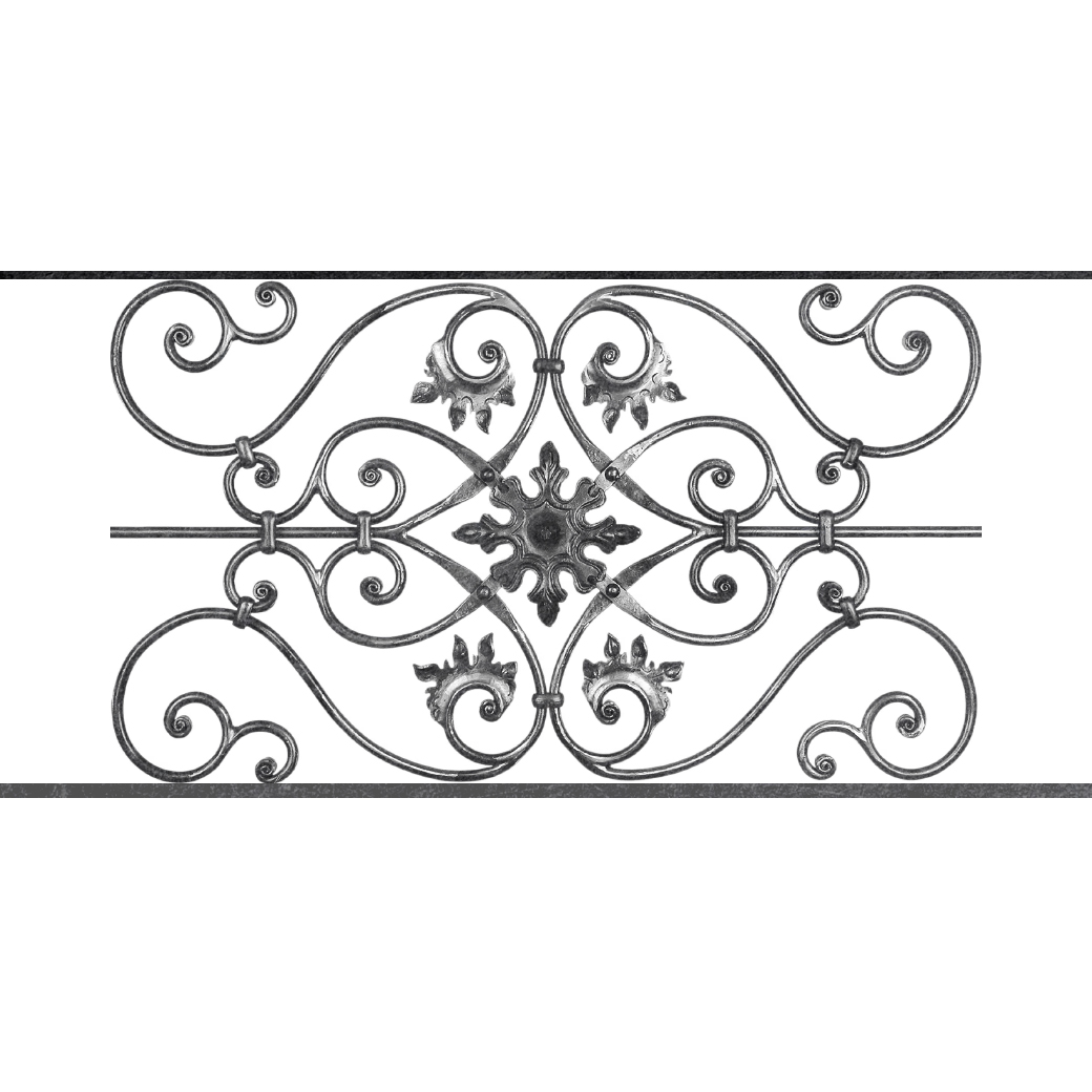 Appui de fenêtre type AF002 à sceller dans votre tableau de fenêtre. Longueur finie de 1040mm et Hauteur finie de 502mm. Convient pour les tableaux de fenêtre de 940mm. 50mm de scellement sont prévue de chaque côté. Main courante laminée de 940mm de long en fer forgé sur le dessus. Motif au centre de 830mm de long par 480mm de haut. Le reste de la structure est en acier carré plein de 14mm de section.