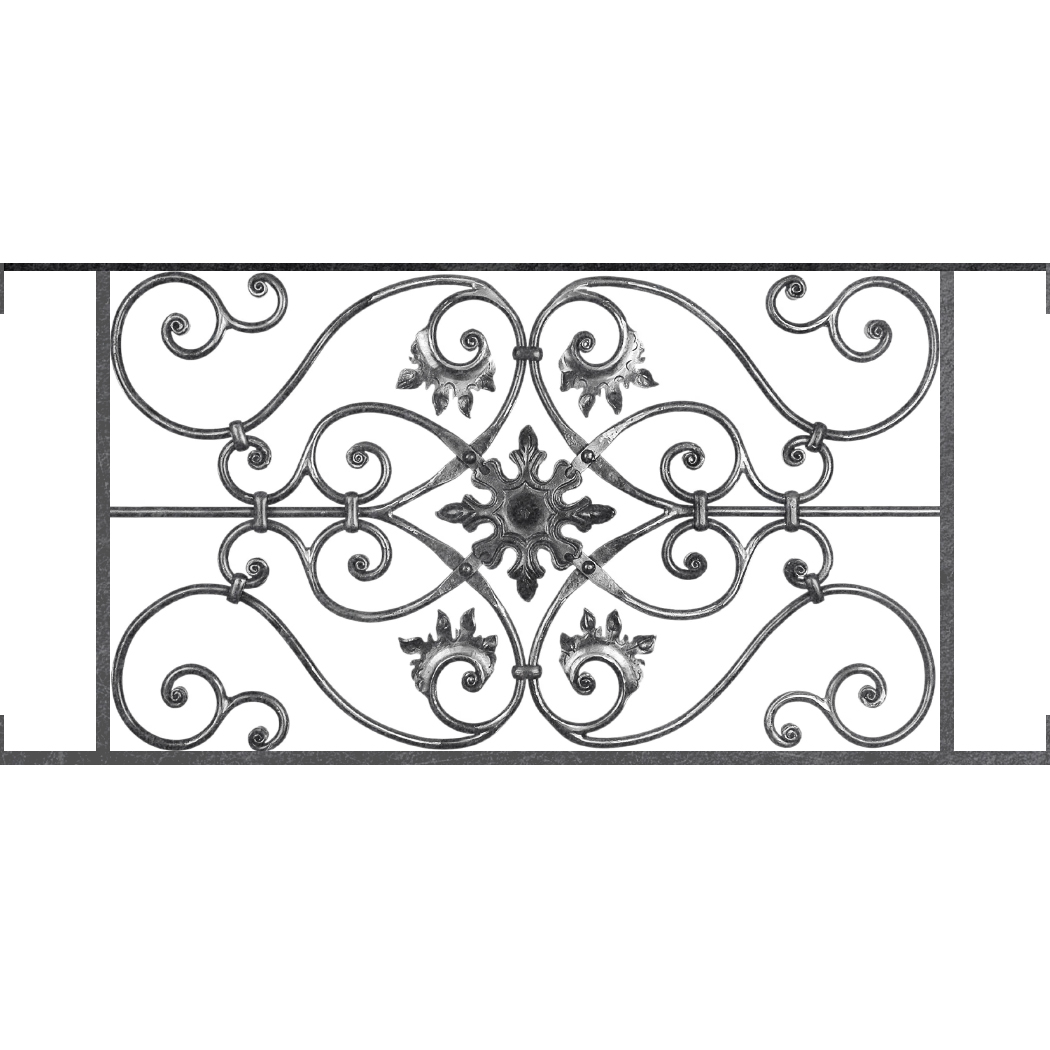 Appui de fenêtre type AF002 à visser dans votre tableau de fenêtre. Longueur finie de 1050mm et Hauteur finie de 502mm. Convient pour les tableaux de fenêtre de 1050mm. Main courante laminée de 1050mm de long en fer forgé sur le dessus. Motif au centre de 830mm de long par 480mm de haut. Le reste de la structure est en acier carré plein de 14mm de section.