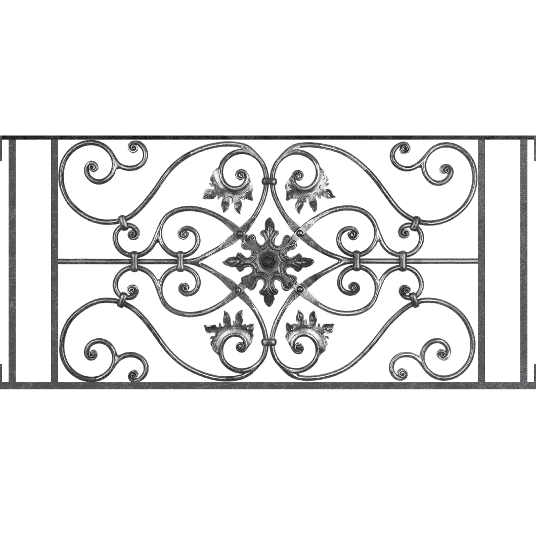 Appui de fenêtre type AF002 à visser dans votre tableau de fenêtre. Longueur finie de 1060mm et Hauteur finie de 502mm. Convient pour les tableaux de fenêtre de 1060mm. Main courante laminée de 1060mm de long en fer forgé sur le dessus. Motif au centre de 830mm de long par 480mm de haut. Le reste de la structure est en acier carré plein de 14mm de section.