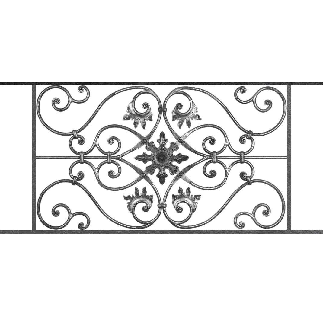 Appui de fenêtre type AF002 à sceller dans votre tableau de fenêtre. Longueur finie de 1070mm et Hauteur finie de 502mm. Convient pour les tableaux de fenêtre de 970mm. 50mm de scellement sont prévue de chaque côté. Main courante laminée de 970mm de long en fer forgé sur le dessus. Motif au centre de 830mm de long par 480mm de haut. Le reste de la structure est en acier carré plein de 14mm de section.