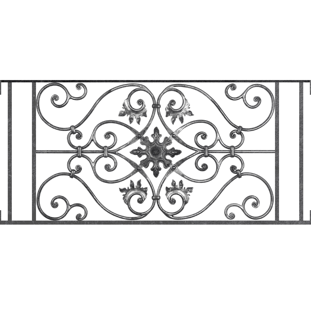 Appui de fenêtre type AF002 à visser dans votre tableau de fenêtre. Longueur finie de 1080mm et Hauteur finie de 502mm. Convient pour les tableaux de fenêtre de 1080mm. Main courante laminée de 1080mm de long en fer forgé sur le dessus. Motif au centre de 830mm de long par 480mm de haut. Le reste de la structure est en acier carré plein de 14mm de section.