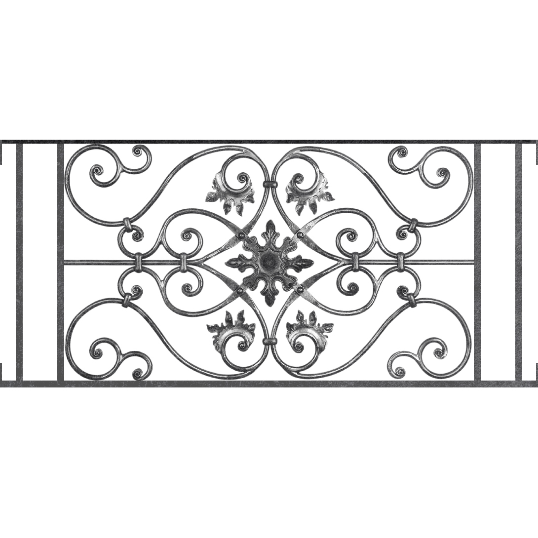 Appui de fenêtre type AF002 à visser dans votre tableau de fenêtre. Longueur finie de 1090mm et Hauteur finie de 502mm. Convient pour les tableaux de fenêtre de 1090mm. Main courante laminée de 1090mm de long en fer forgé sur le dessus. Motif au centre de 830mm de long par 480mm de haut. Le reste de la structure est en acier carré plein de 14mm de section.