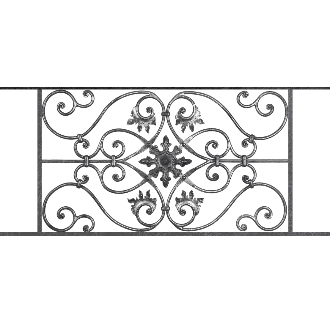 Appui de fenêtre type AF002 à sceller dans votre tableau de fenêtre. Longueur finie de 1110mm et Hauteur finie de 502mm. Convient pour les tableaux de fenêtre de 1010mm. 50mm de scellement sont prévue de chaque côté. Main courante laminée de 1010mm de long en fer forgé sur le dessus. Motif au centre de 830mm de long par 480mm de haut. Le reste de la structure est en acier carré plein de 14mm de section.