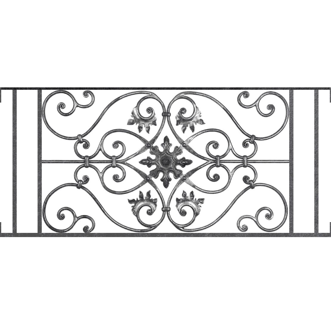 Appui de fenêtre type AF002 à visser dans votre tableau de fenêtre. Longueur finie de 1110mm et Hauteur finie de 502mm. Convient pour les tableaux de fenêtre de 1110mm. Main courante laminée de 1110mm de long en fer forgé sur le dessus. Motif au centre de 830mm de long par 480mm de haut. Le reste de la structure est en acier carré plein de 14mm de section.