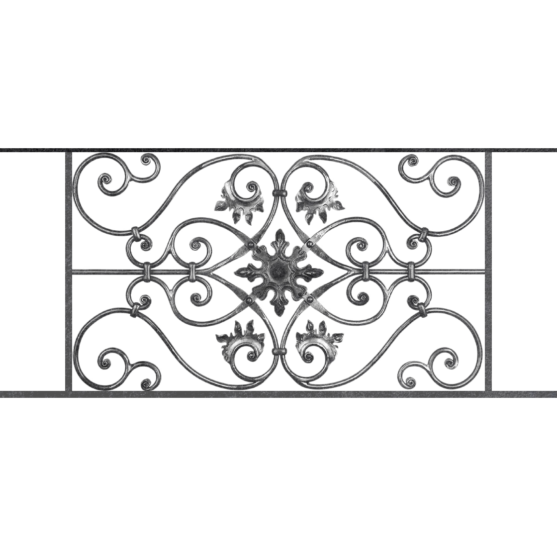 Appui de fenêtre type AF002 à sceller dans votre tableau de fenêtre. Longueur finie de 1120mm et Hauteur finie de 502mm. Convient pour les tableaux de fenêtre de 1020mm. 50mm de scellement sont prévue de chaque côté. Main courante laminée de 1020mm de long en fer forgé sur le dessus. Motif au centre de 830mm de long par 480mm de haut. Le reste de la structure est en acier carré plein de 14mm de section.