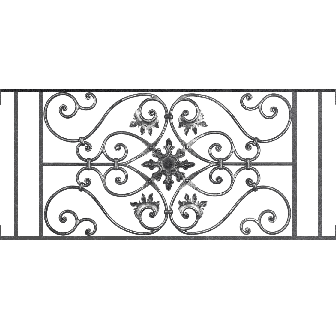 Appui de fenêtre type AF002 à visser dans votre tableau de fenêtre. Longueur finie de 1120mm et Hauteur finie de 502mm. Convient pour les tableaux de fenêtre de 1120mm. Main courante laminée de 1120mm de long en fer forgé sur le dessus. Motif au centre de 830mm de long par 480mm de haut. Le reste de la structure est en acier carré plein de 14mm de section.