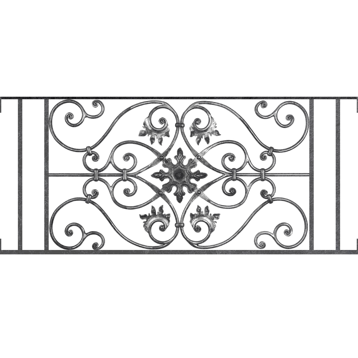Appui de fenêtre type AF002 à visser dans votre tableau de fenêtre. Longueur finie de 1140mm et Hauteur finie de 502mm. Convient pour les tableaux de fenêtre de 1140mm. Main courante laminée de 1140mm de long en fer forgé sur le dessus. Motif au centre de 830mm de long par 480mm de haut. Le reste de la structure est en acier carré plein de 14mm de section.