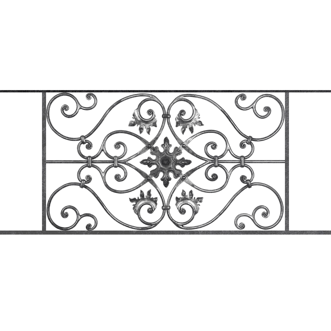 Appui de fenêtre type AF002 à sceller dans votre tableau de fenêtre. Longueur finie de 1150mm et Hauteur finie de 502mm. Convient pour les tableaux de fenêtre de 1050mm. 50mm de scellement sont prévue de chaque côté. Main courante laminée de 1050mm de long en fer forgé sur le dessus. Motif au centre de 830mm de long par 480mm de haut. Le reste de la structure est en acier carré plein de 14mm de section.